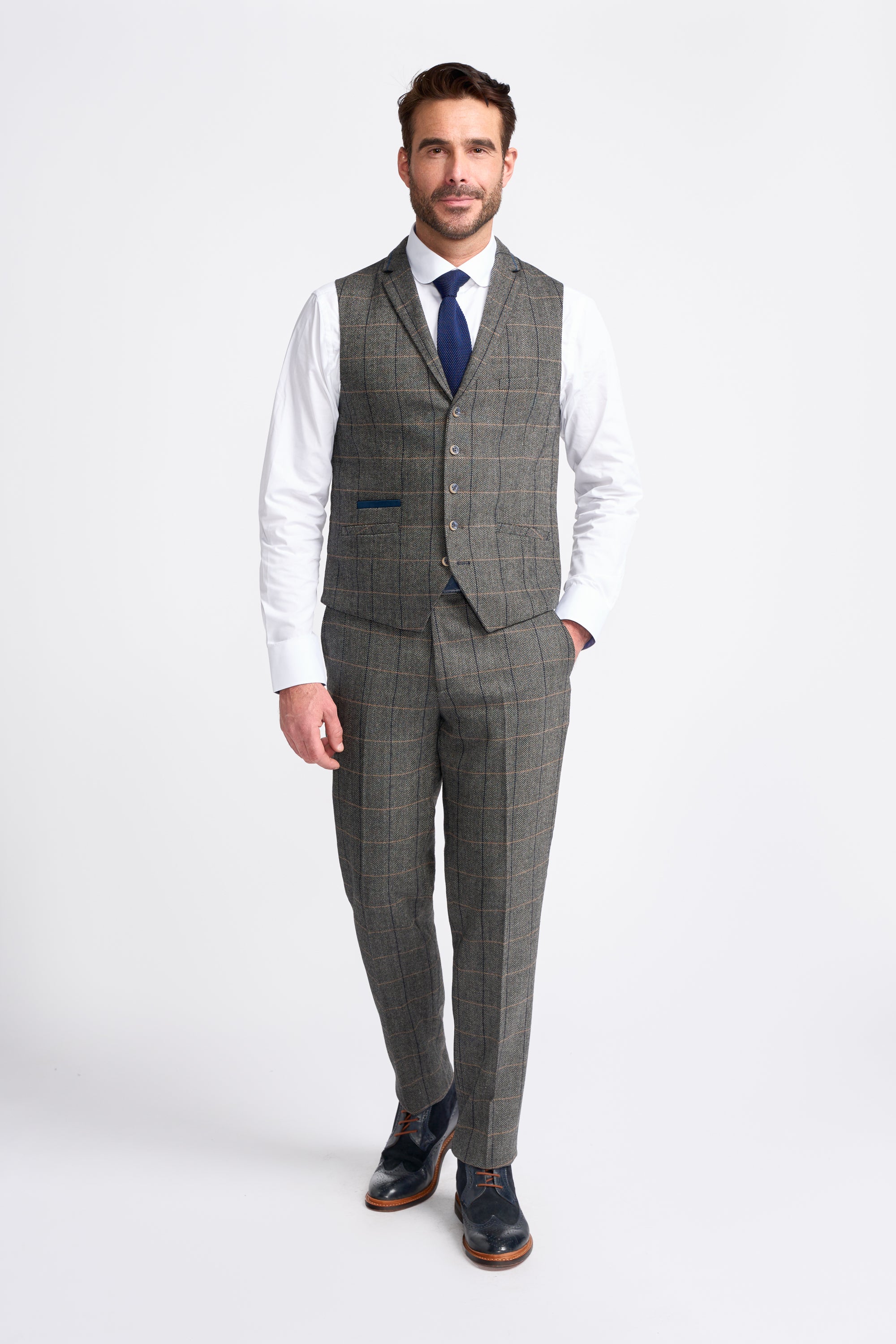 Father & Son Matching Herringbone Windowpane Check Tweed 3-Piece Suit Set - Albert Grey