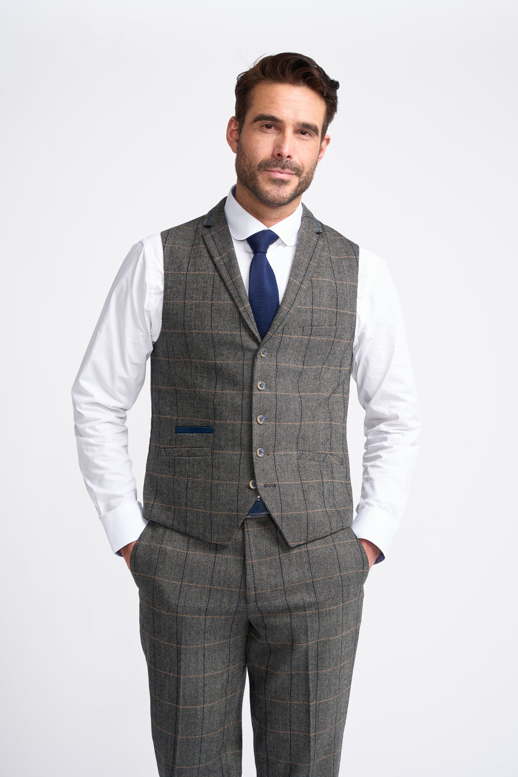 Father & Son Matching Herringbone Windowpane Check Tweed 3-Piece Suit Set - Albert Grey