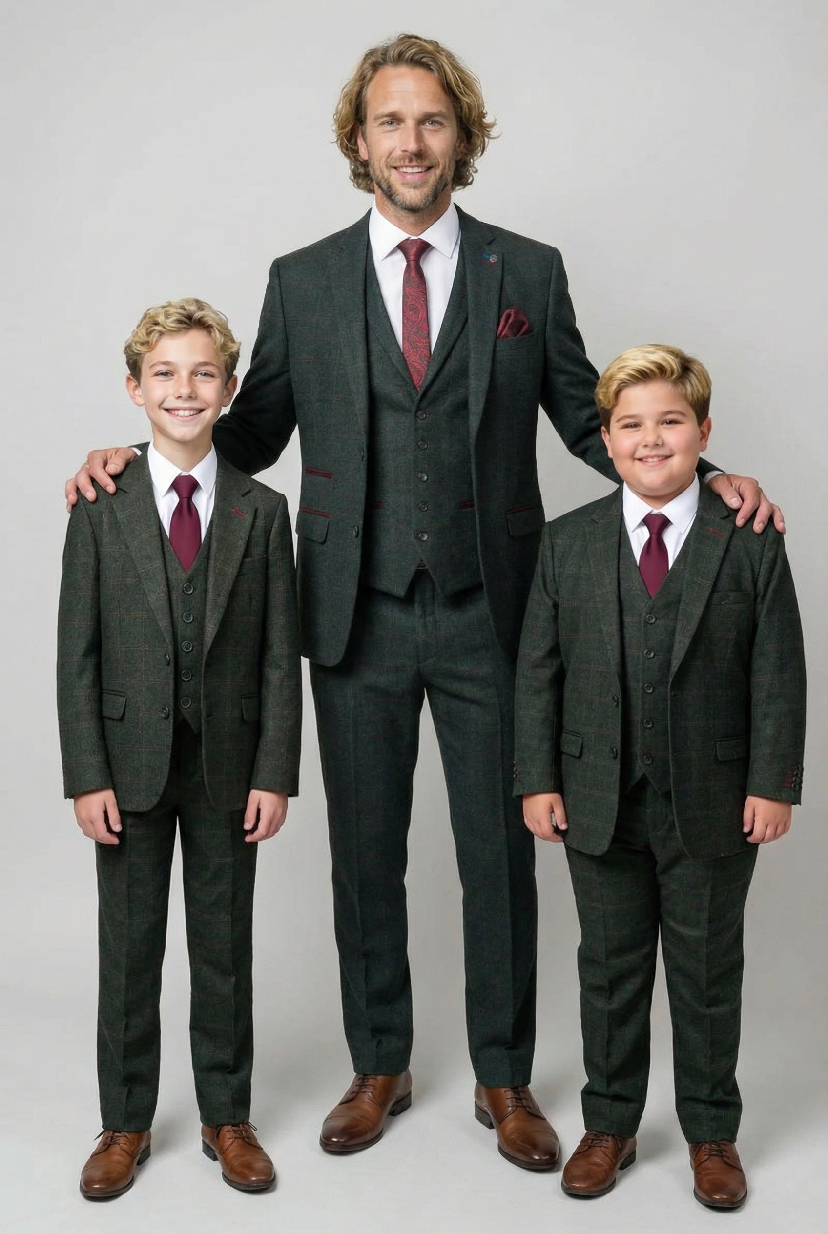 Father & Son Matching Windowpane Check Wool Tweed 3-Piece Suit Set - Joshua - Dark Green