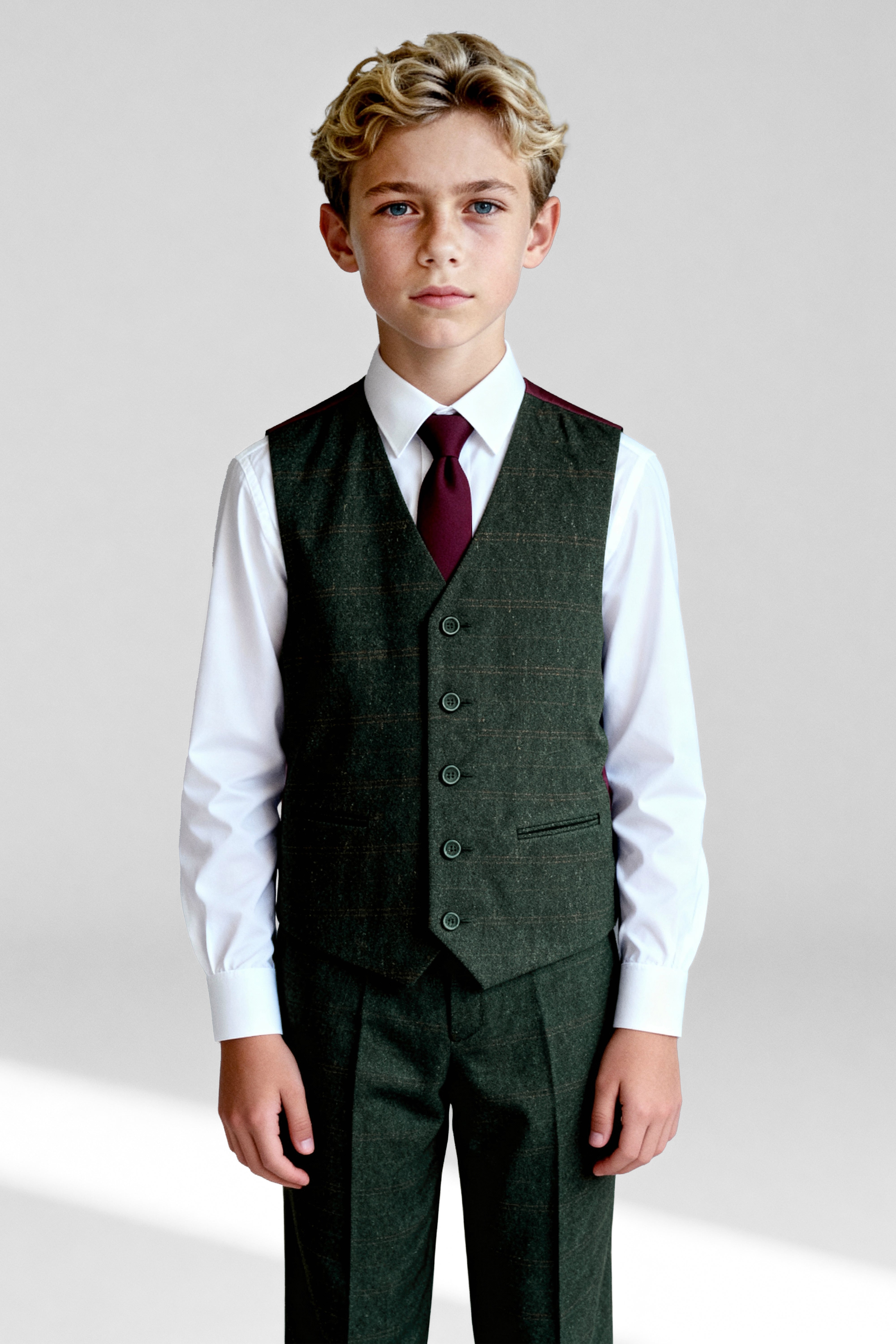 Father & Son Matching Windowpane Check Wool Tweed 3-Piece Suit Set - Joshua - Dark Green