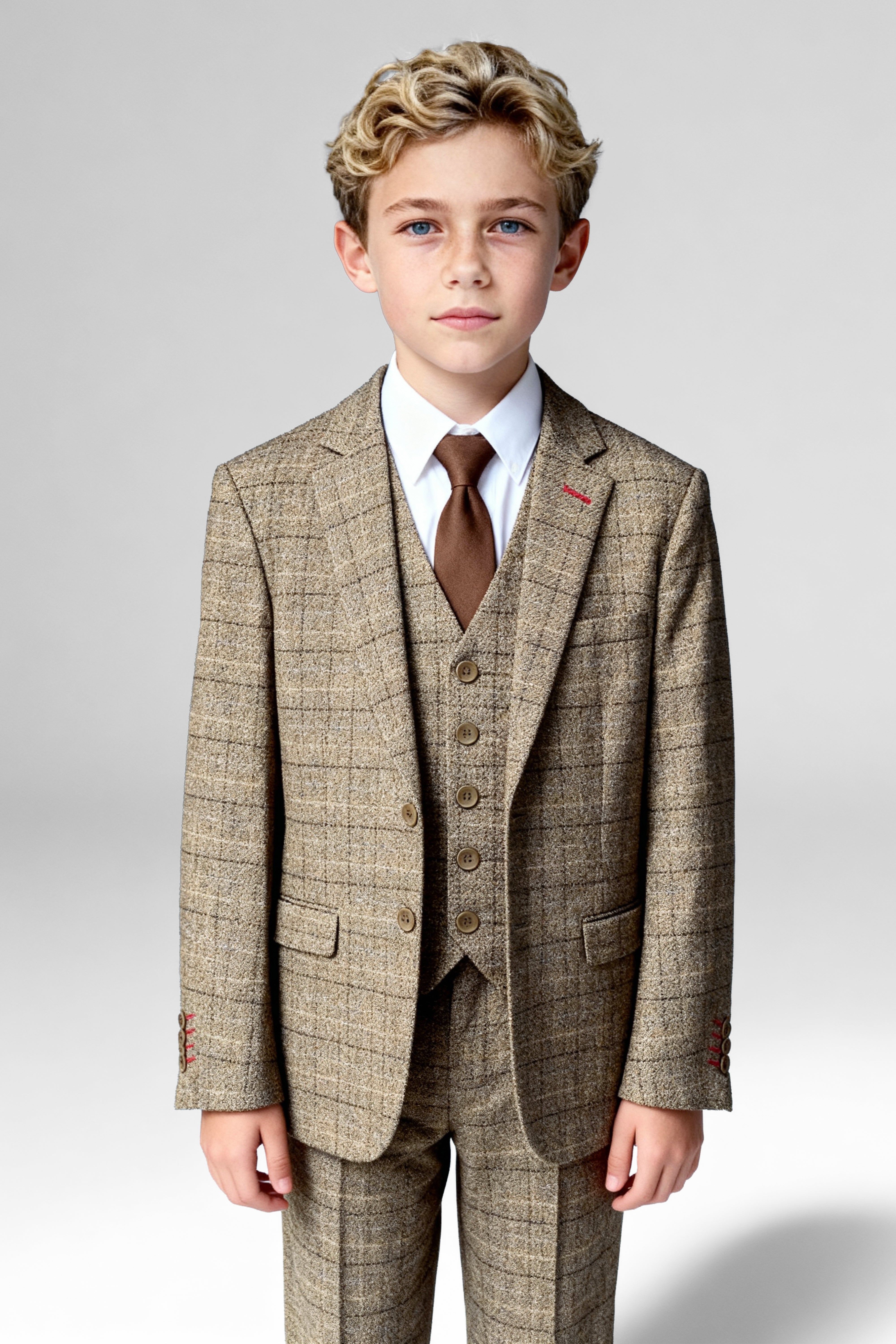 Father & Son Matching Windowpane Check Wool Tweed 3-Piece Suit Set - Liam Beige