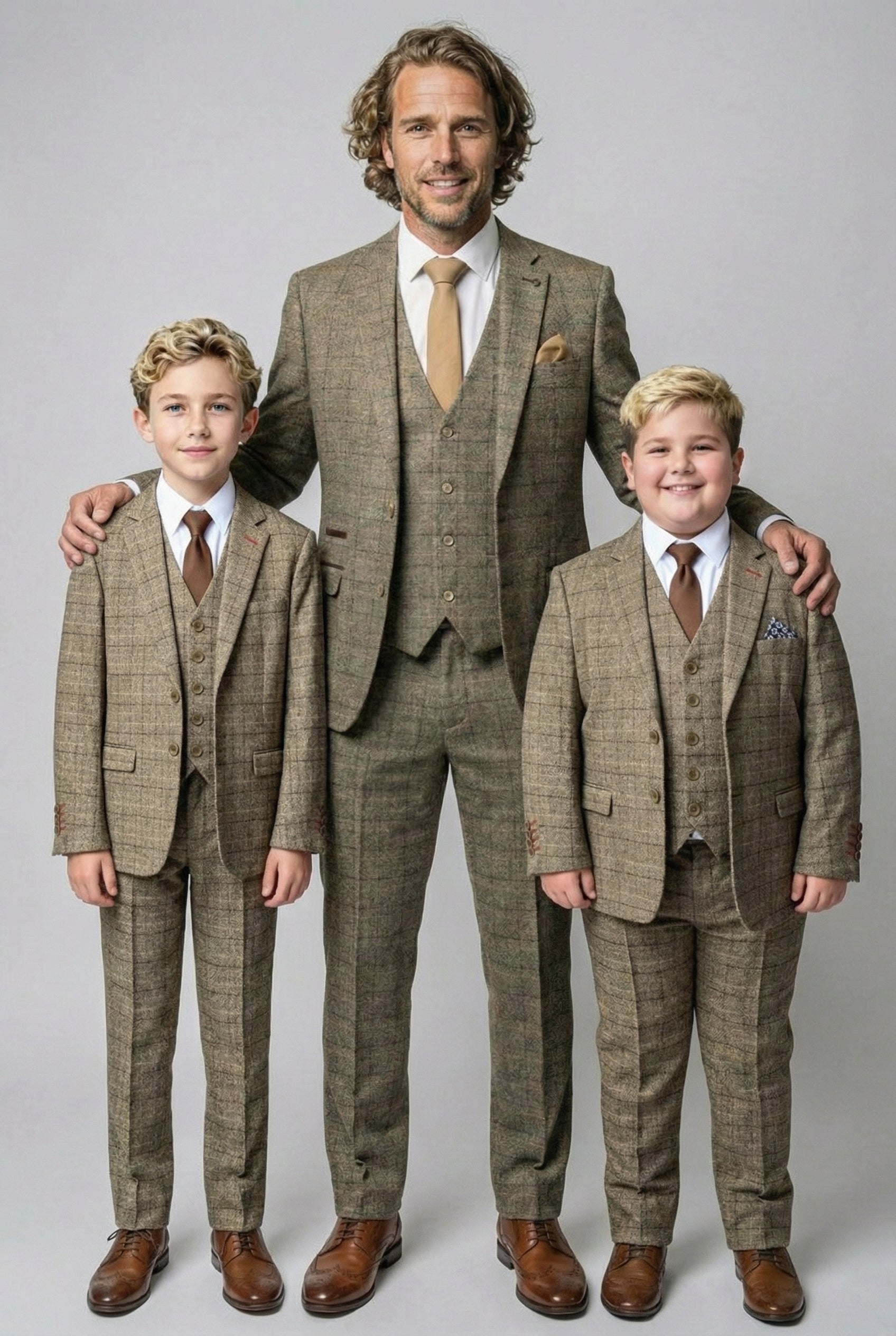 Father & Son Matching Windowpane Check Wool Tweed 3-Piece Suit Set - Liam Beige