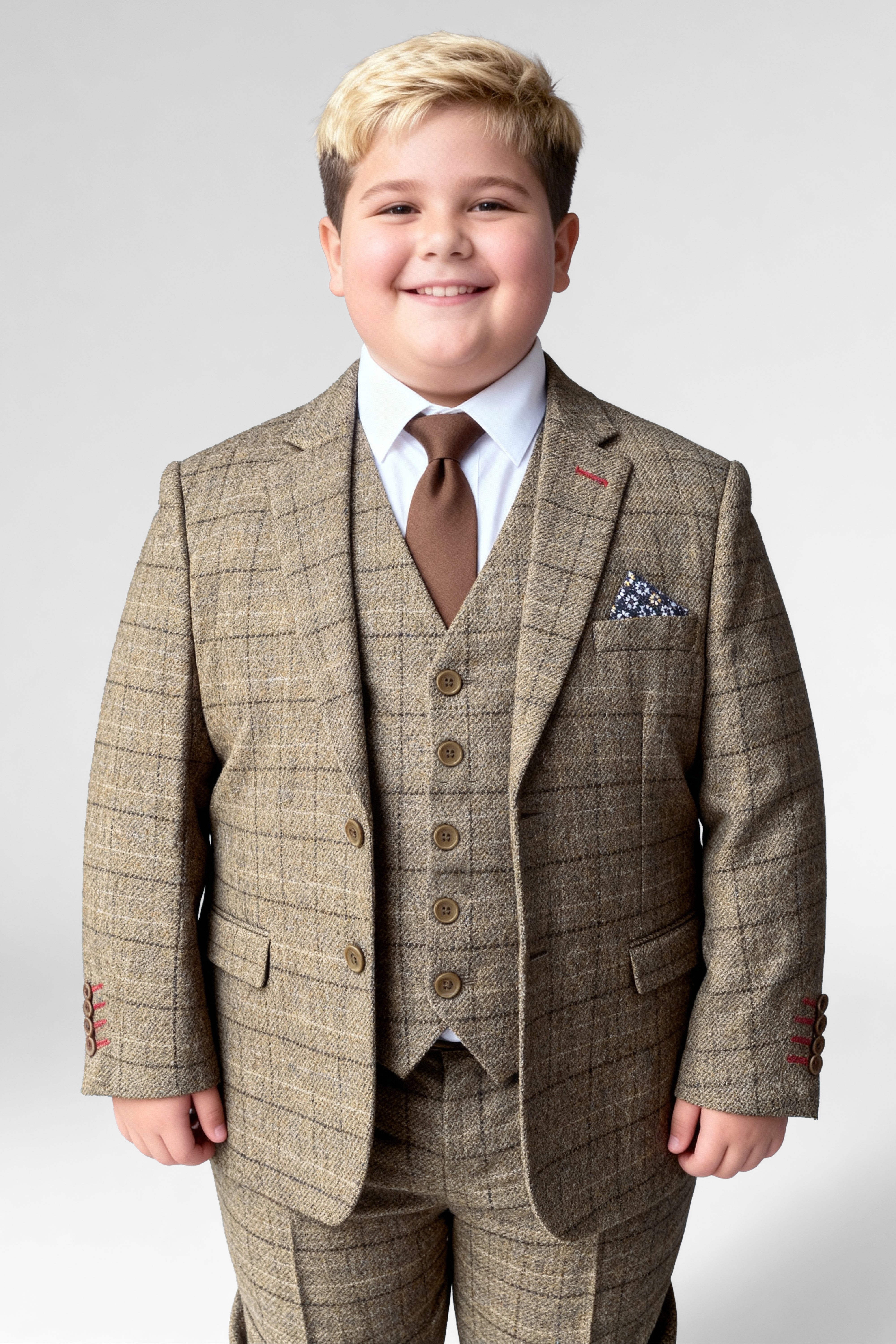 Father & Son Matching Windowpane Check Wool Tweed 3-Piece Suit Set - Liam Beige