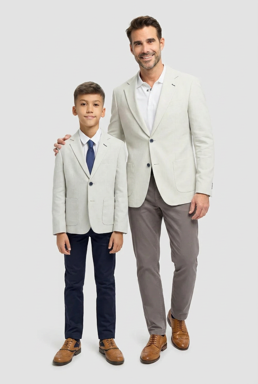 Father & Son Matching Linen Herringbone Blazer – Slate Grey