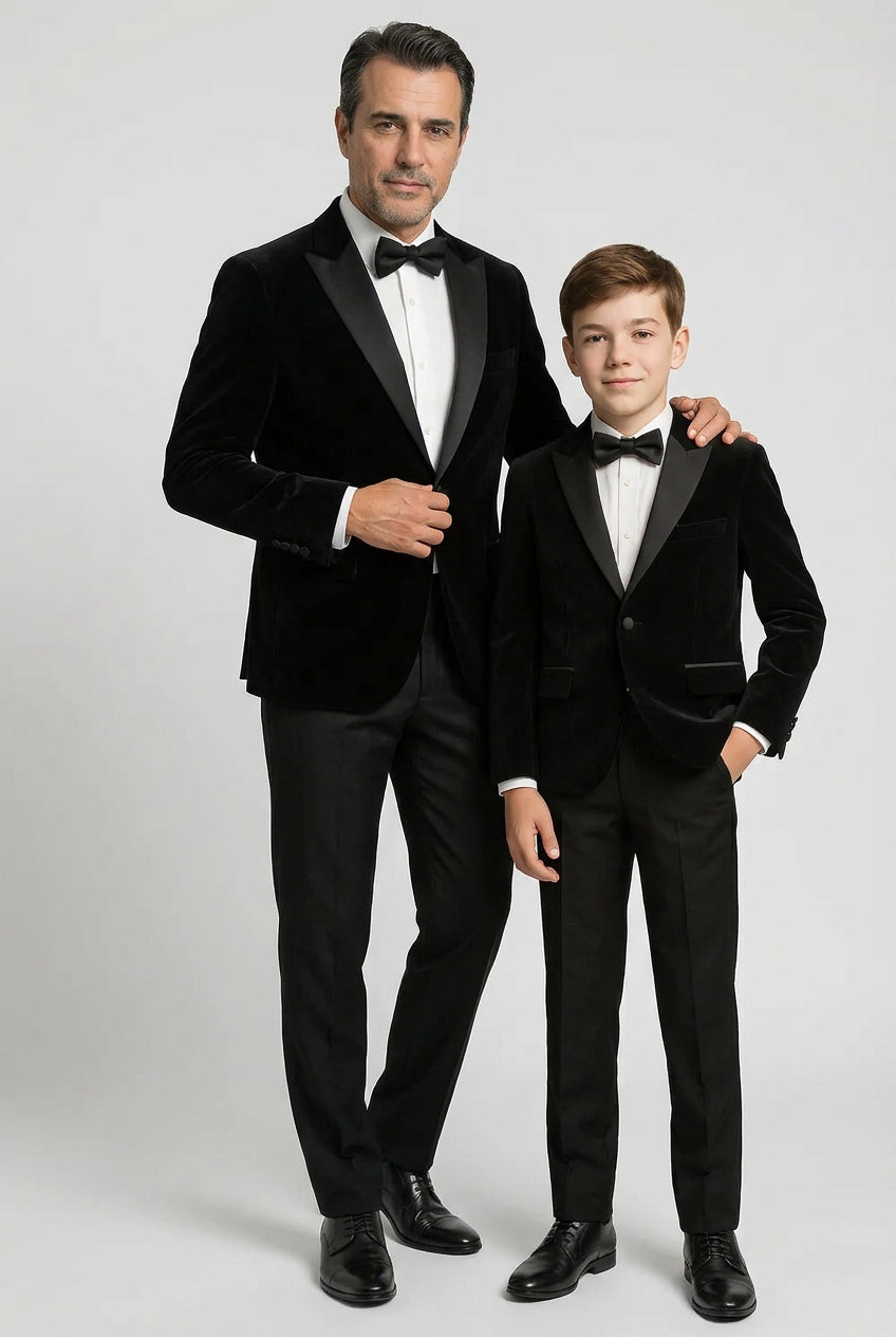 Father & Son Matching Velvet Dinner Jacket - Black