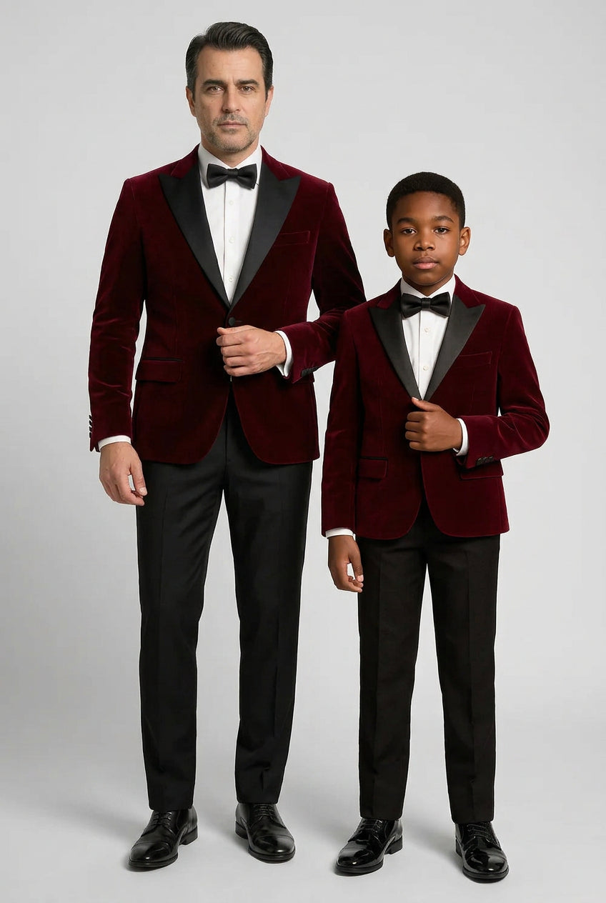 Father & Son Matching Velvet Dinner Jacket - Burgundy