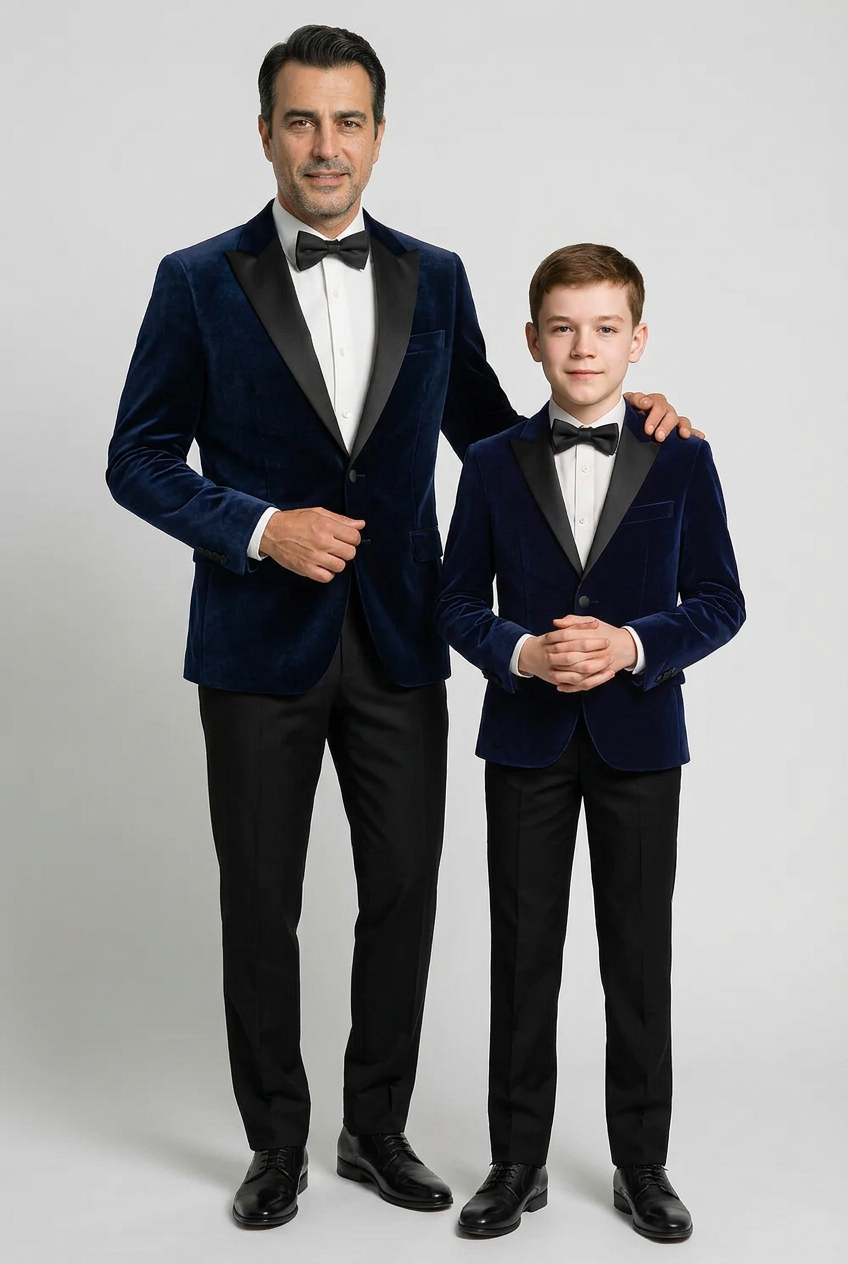 Father & Son Matching Velvet Dinner Jacket - Navy Blue