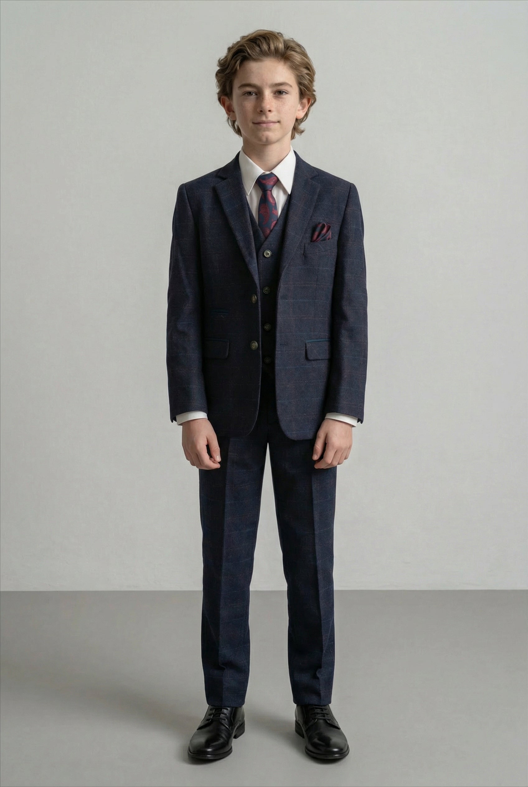 Father & Son Matching Windowpane Check Wool Tweed 3-Piece Suit Set - Ryan Navy