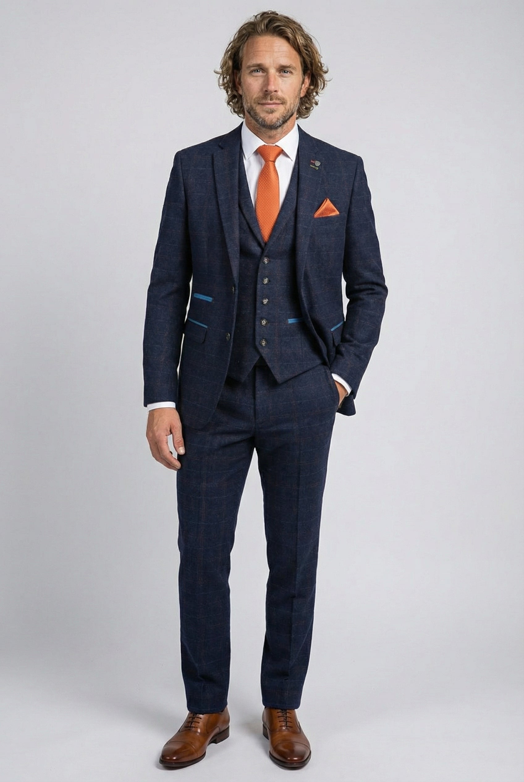 Father & Son Matching Windowpane Check Wool Tweed 3-Piece Suit Set - Ryan Navy