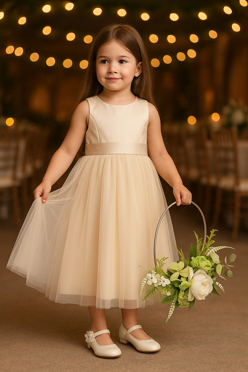 Flower Girl Dress with Tulle Skirt & Bow - HILARY - Champagne Model Picture