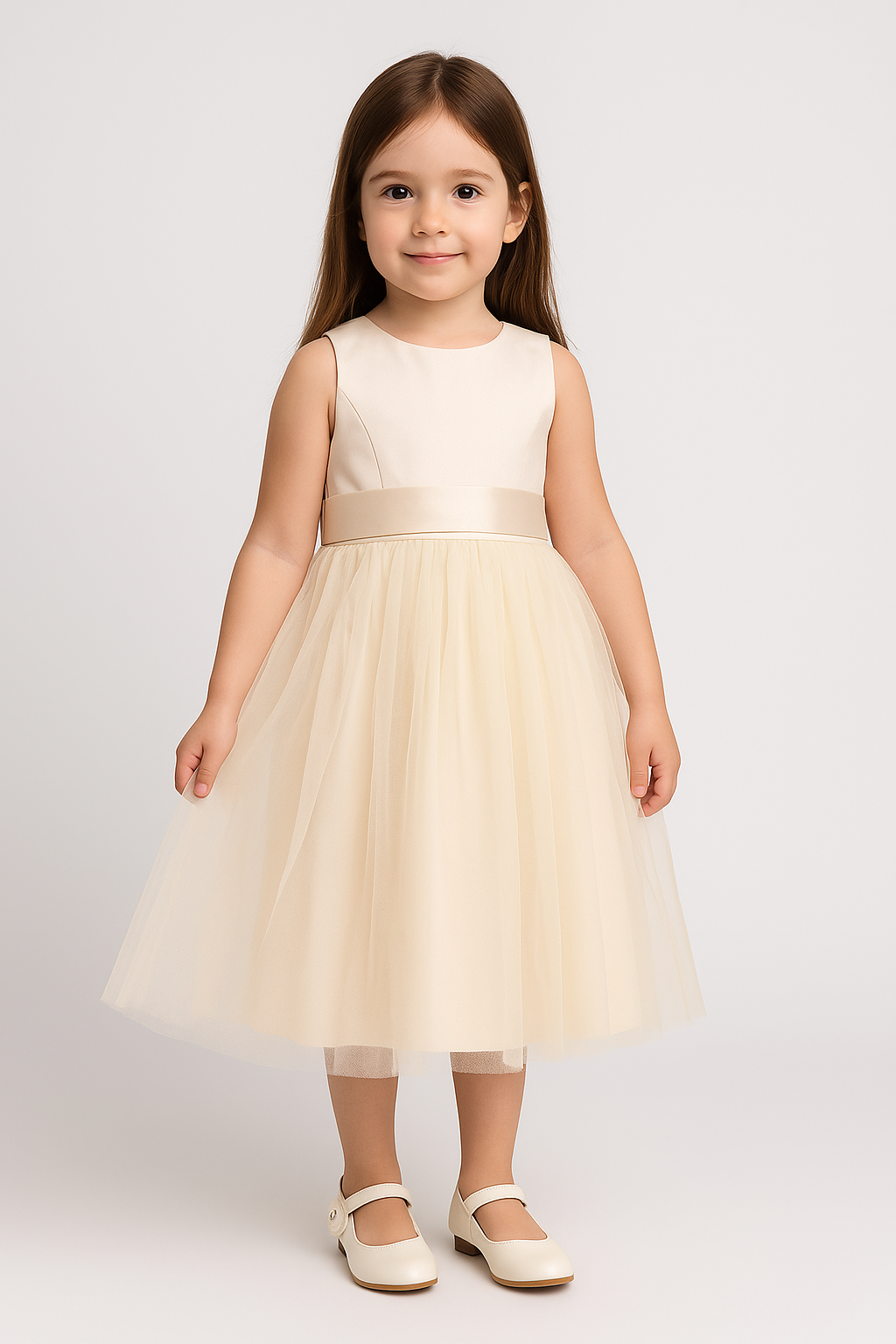 Flower Girl Dress with Tulle Skirt & Bow - HILARY - Champagne Front Picture