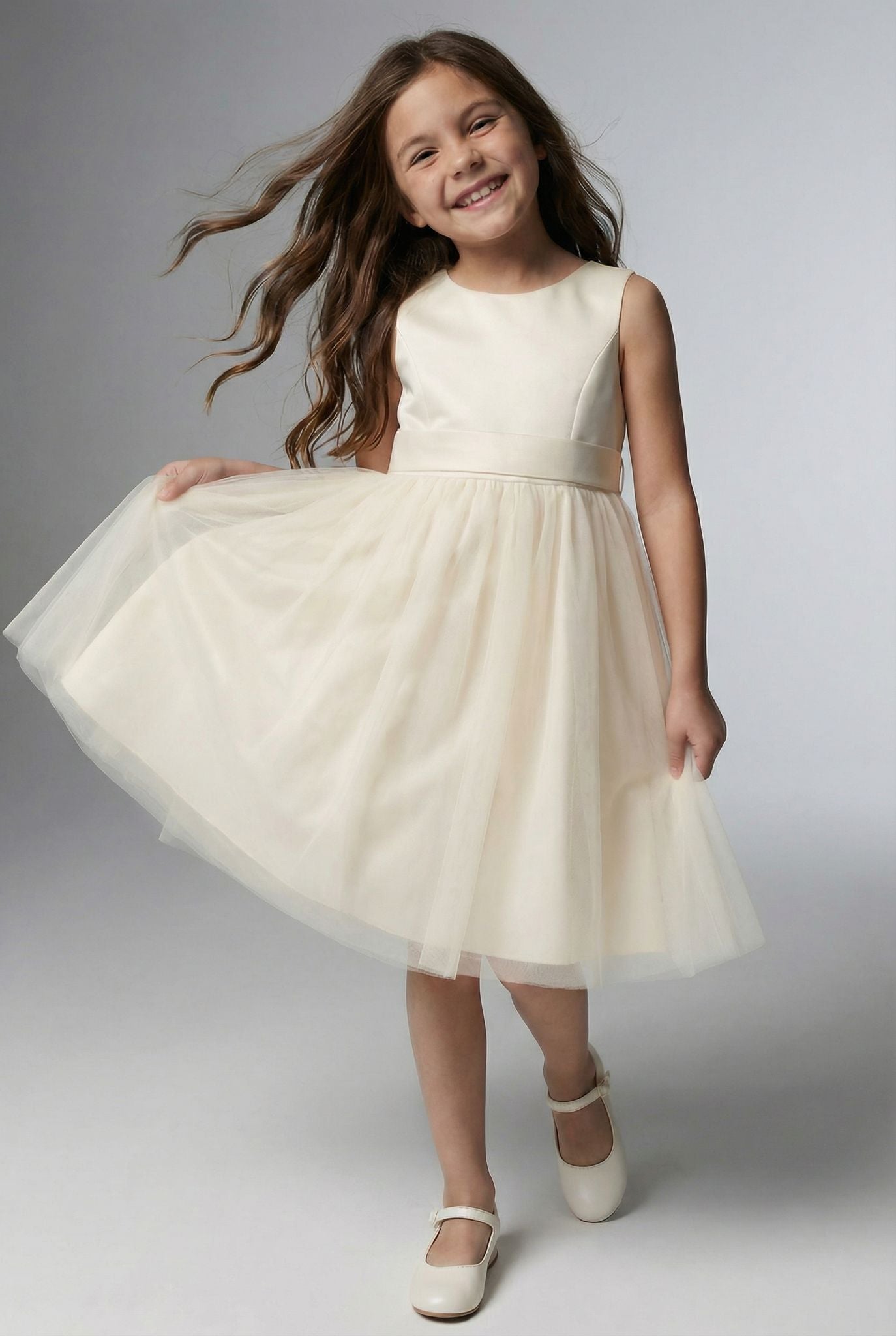 Flower Girl Dress with Tulle Skirt & Bow - HILARY - Ivory