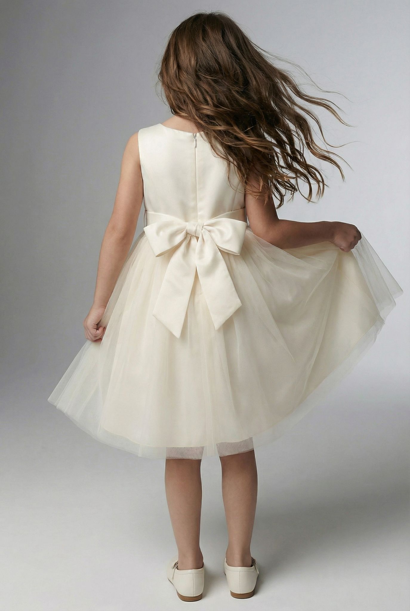 Flower Girl Dress with Tulle Skirt & Bow - HILARY - Ivory