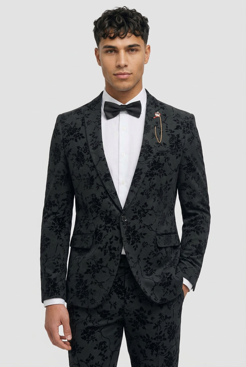 Georgi 2-Piece Floral Patterned Prom Suit - Black