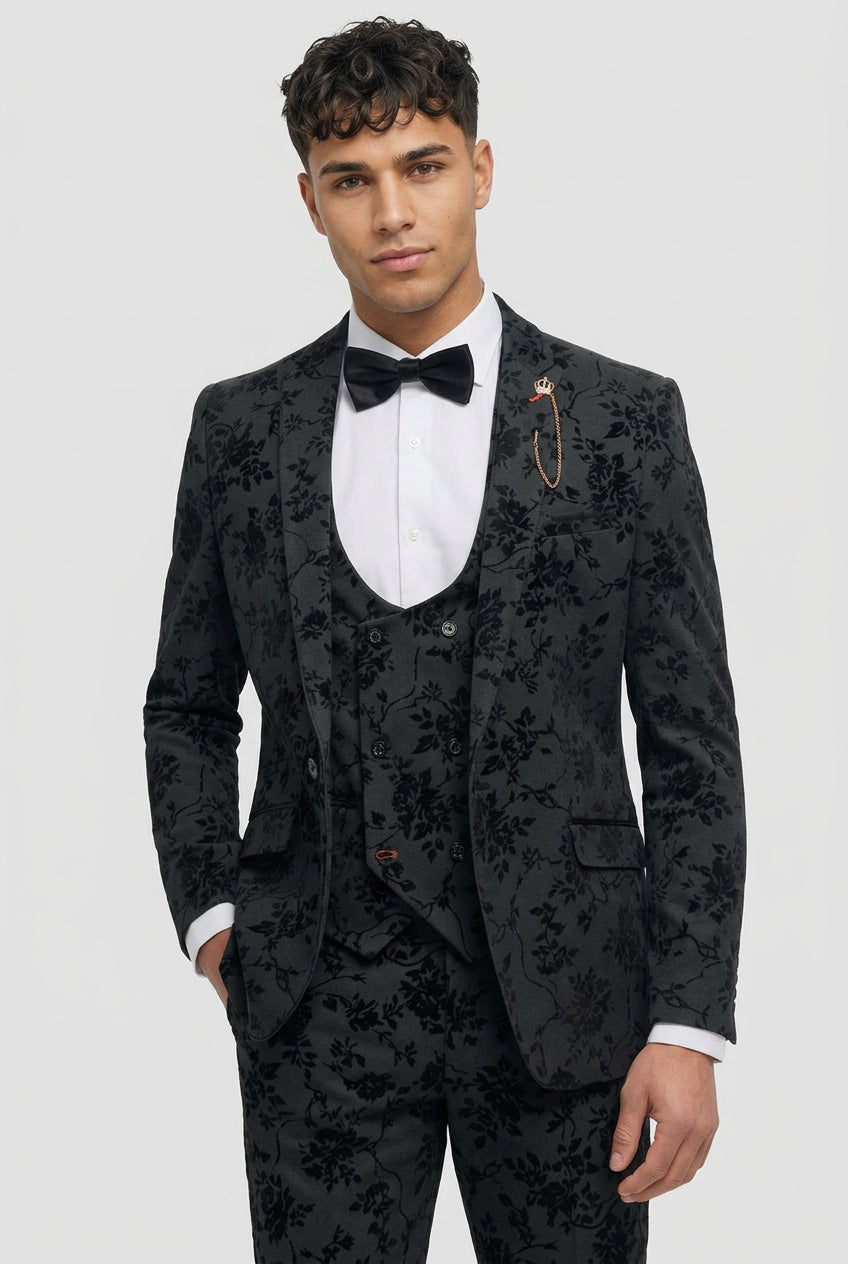 Georgi 3-Piece Floral Patterned Prom Suit - Black