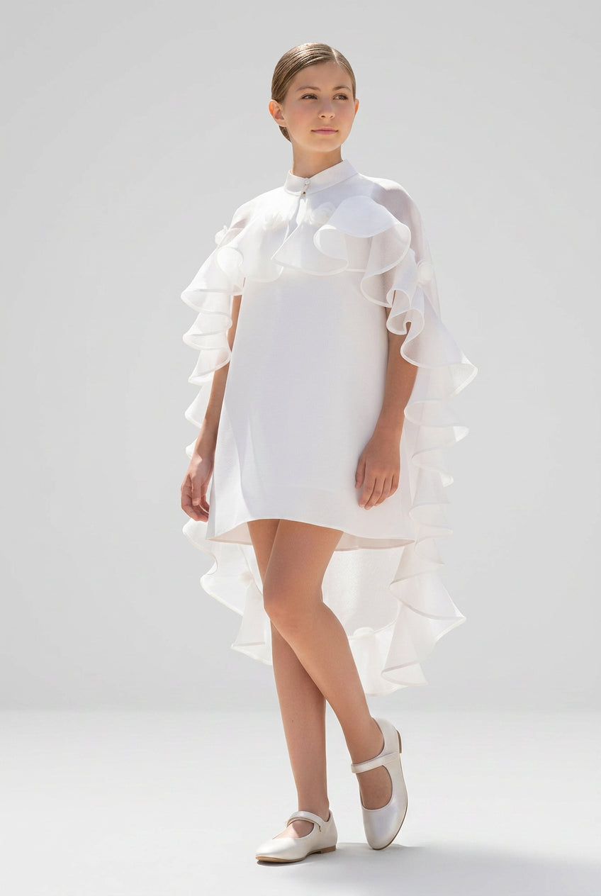 Girls 2-Piece Occasion Dress with Chiffon Ruffle Cape - Ecru