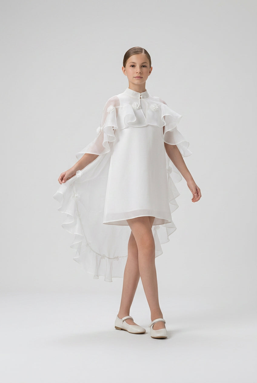 Girls 2-Piece Occasion Dress with Chiffon Ruffle Cape - Ecru