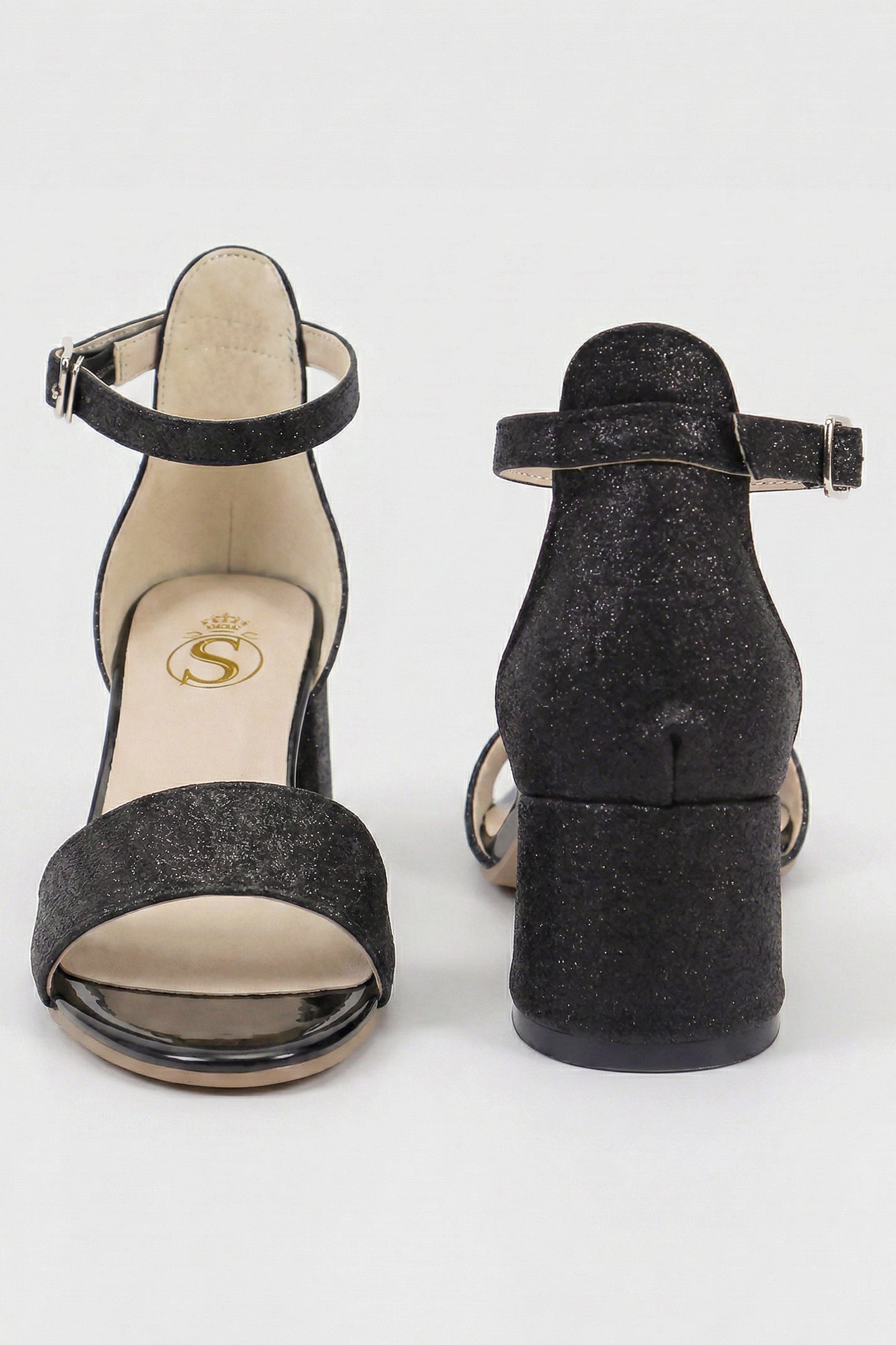 Girls Ankle-Strap Block Heel Sandals - SPARKLE - Black