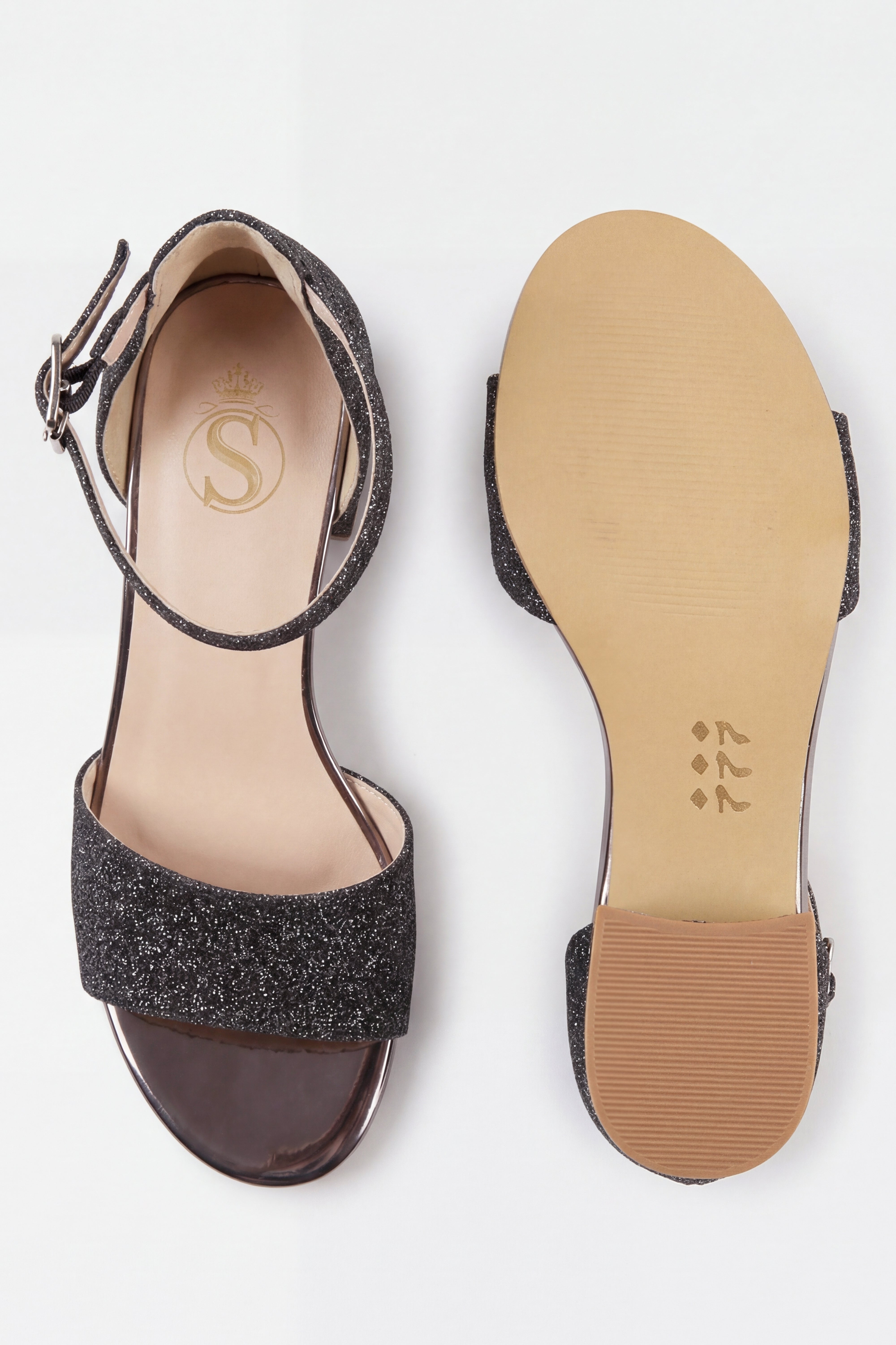 Girls Ankle-Strap Block Heel Sandals - SPARKLE - Dark Silver