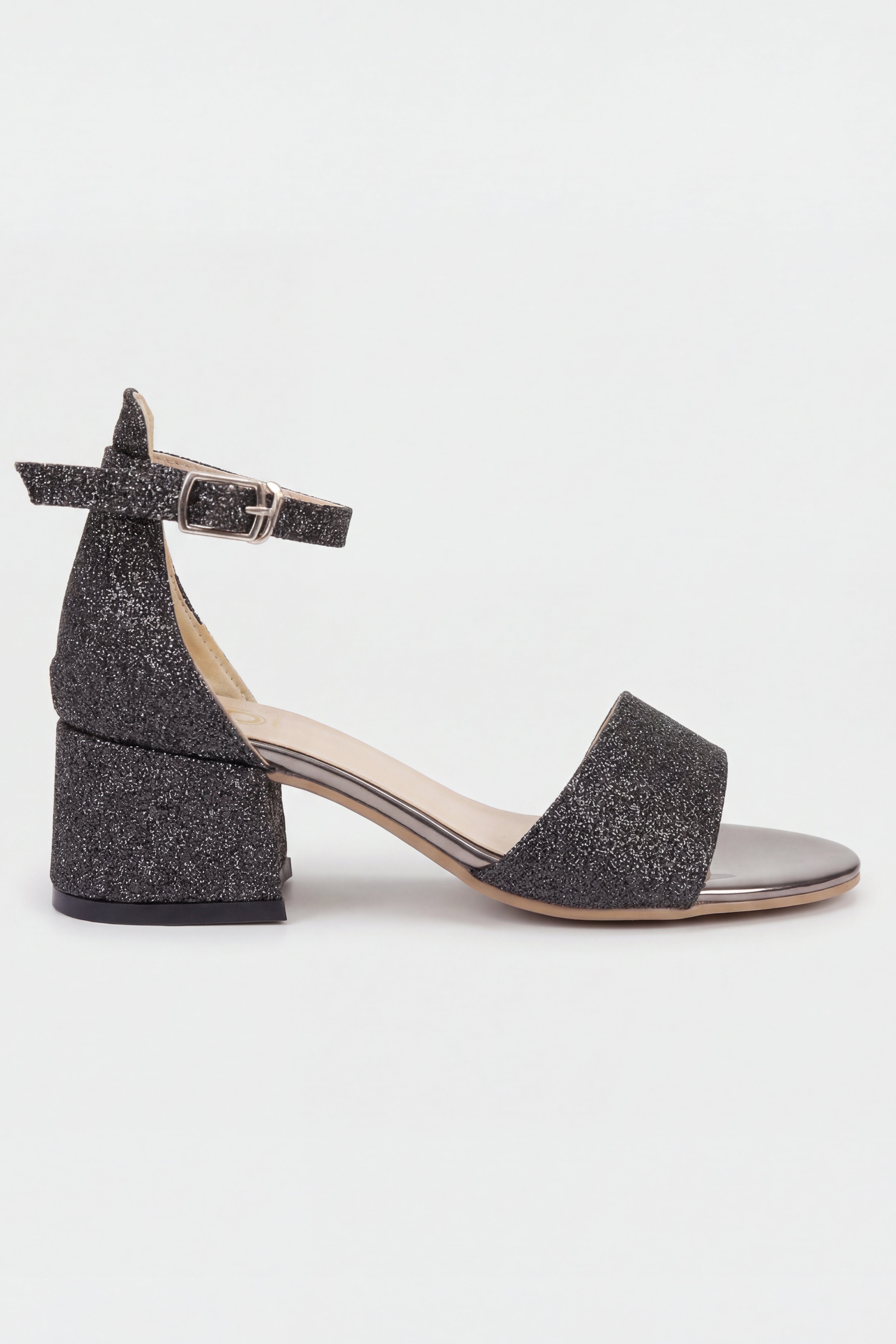 Girls Ankle-Strap Block Heel Sandals - SPARKLE - Dark Silver