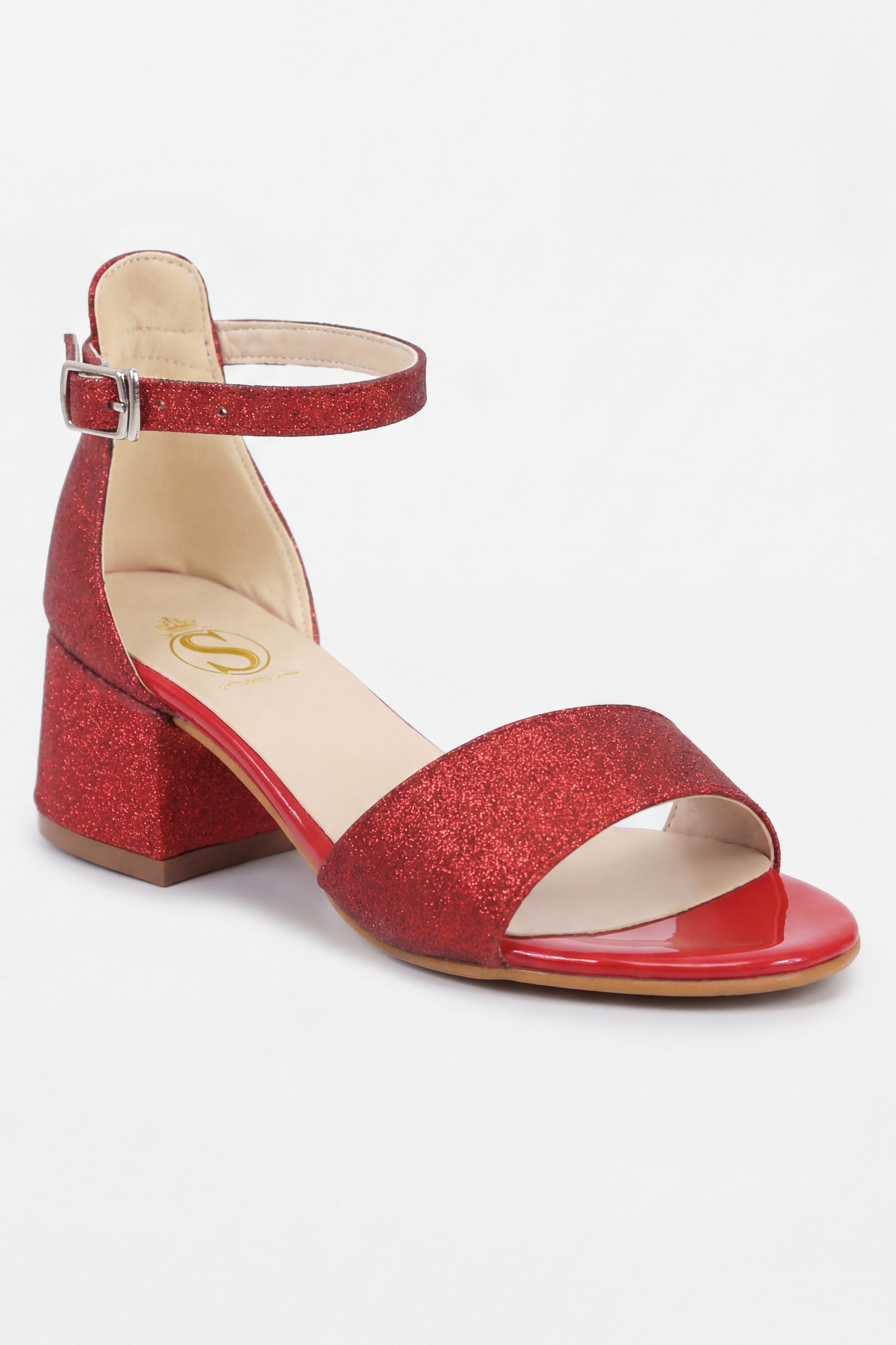 Girls Ankle-Strap Block Heel Sandals - SPARKLE - Red
