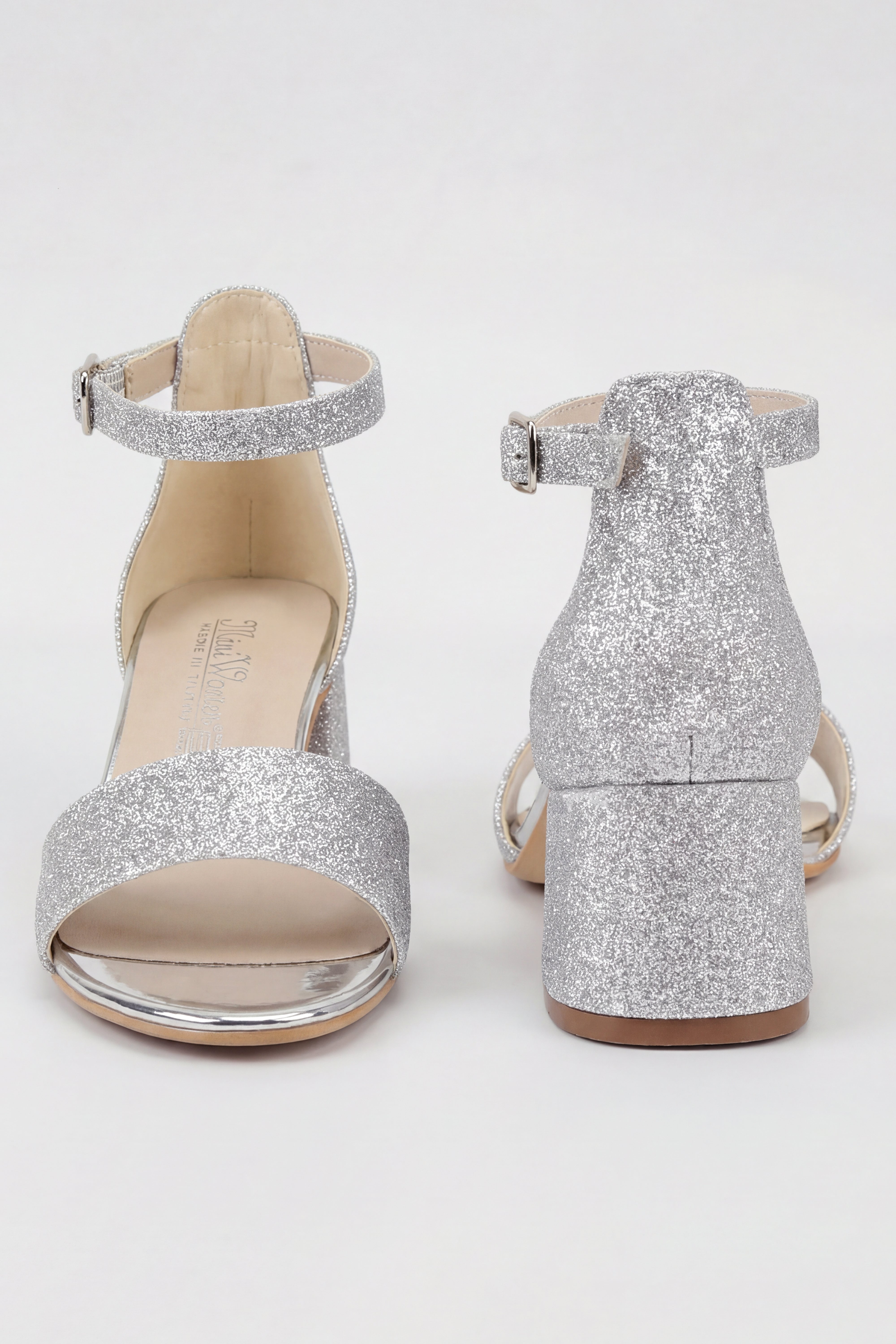 Girls Ankle-Strap Block Heel Sandals - SPARKLE - Silver