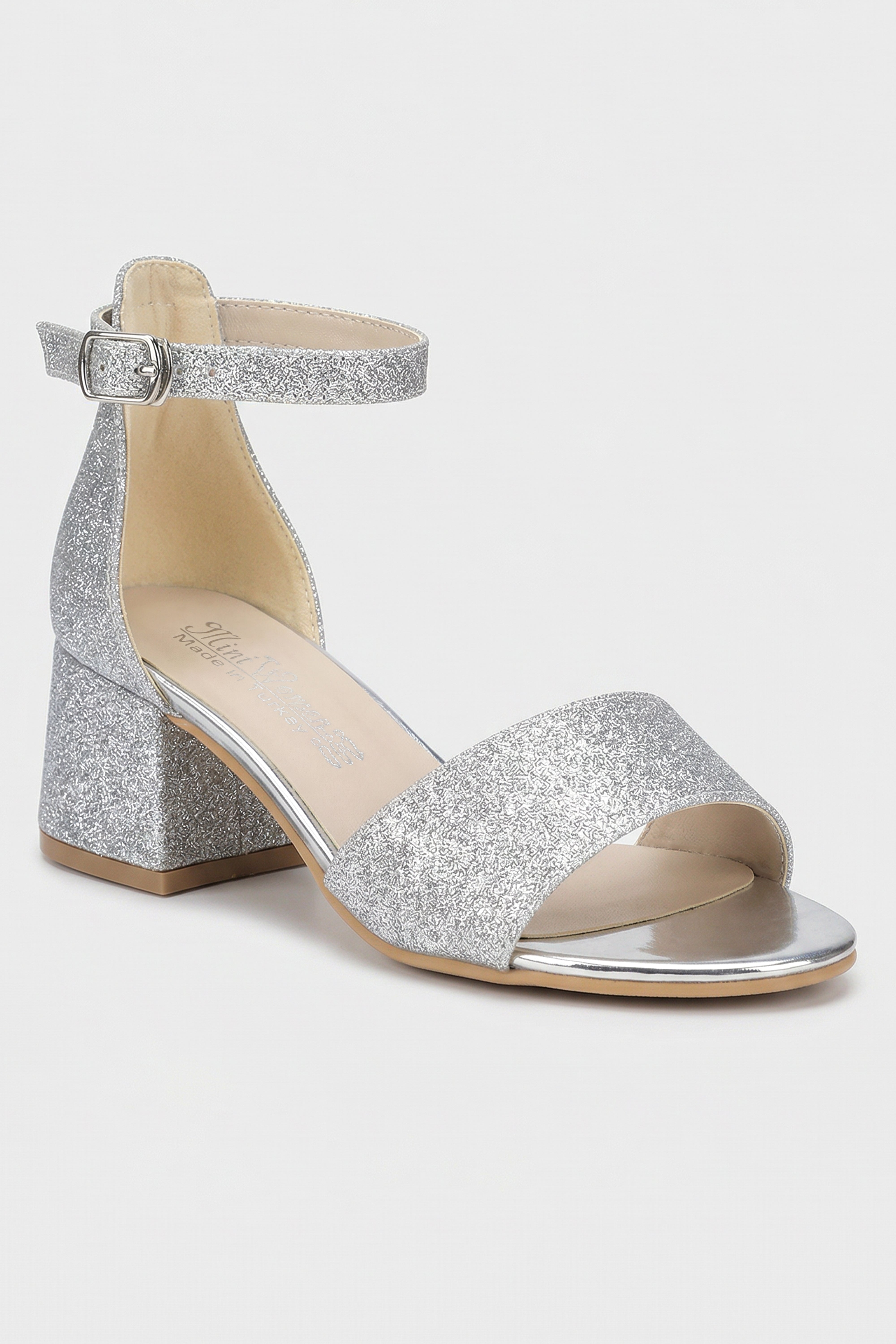 Girls Ankle-Strap Block Heel Sandals - SPARKLE - Silver