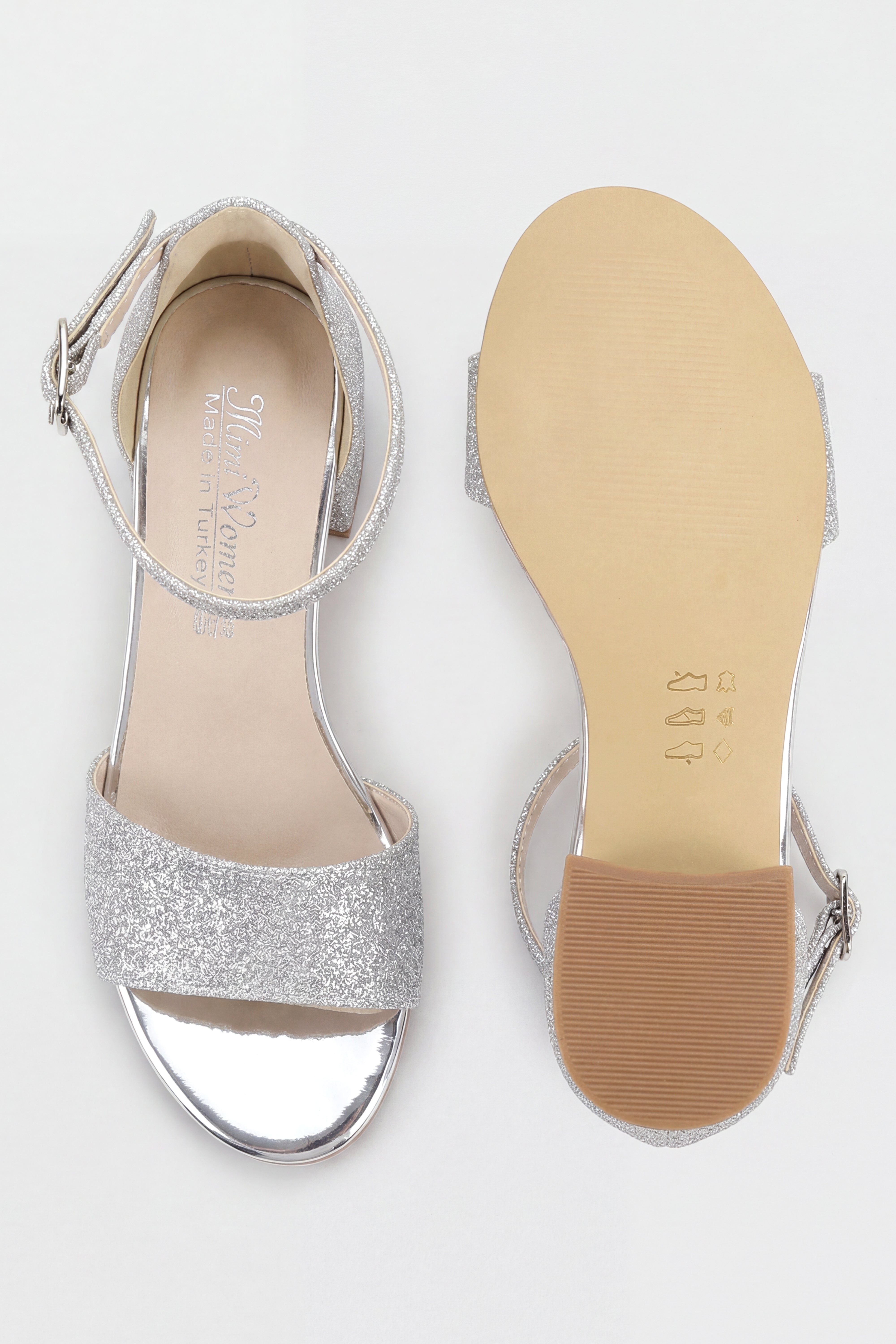 Girls Ankle-Strap Block Heel Sandals - SPARKLE - Silver