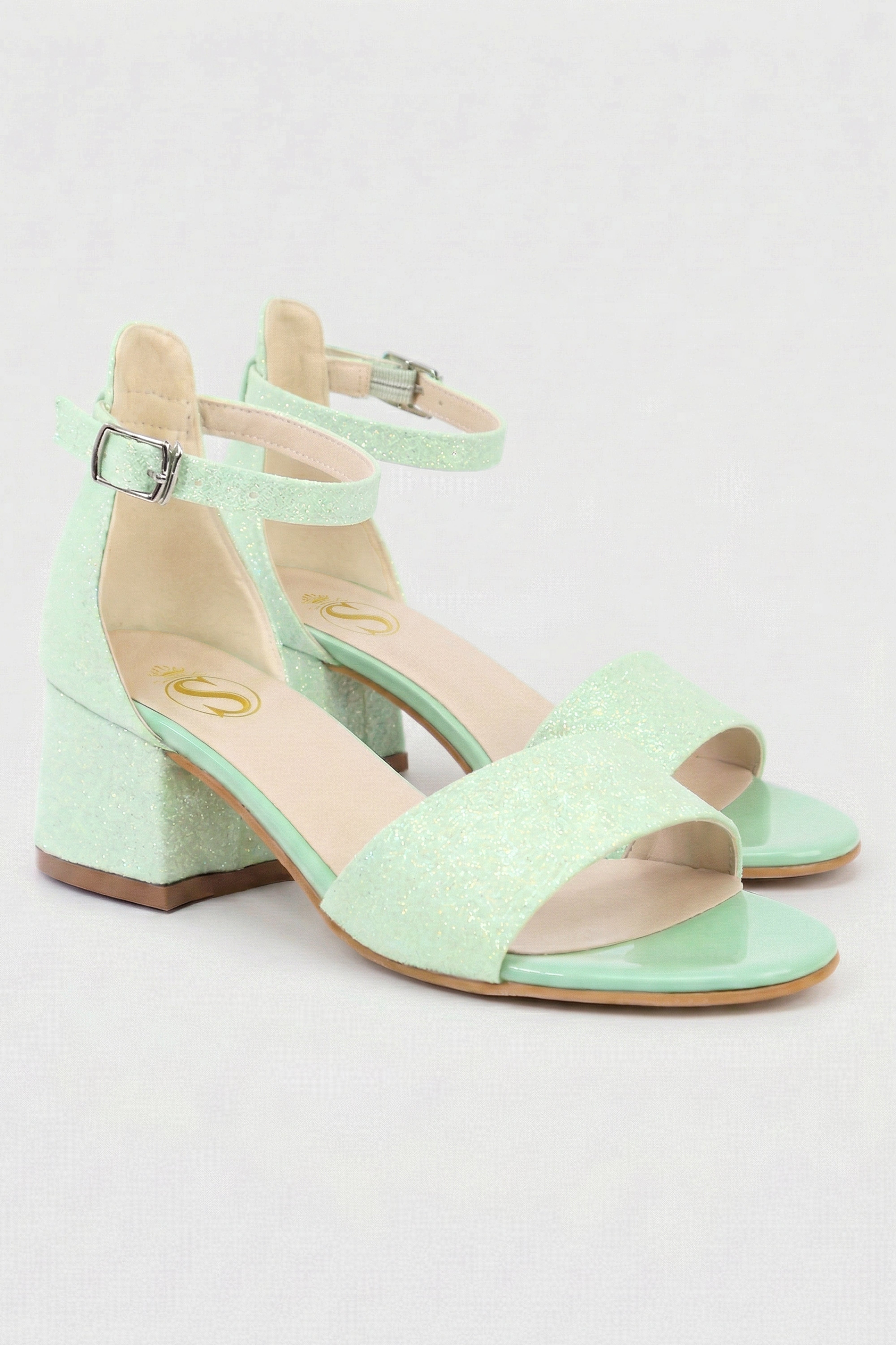 Girls Ankle-Strap Block Heel Sandals - SPARKLE - Green