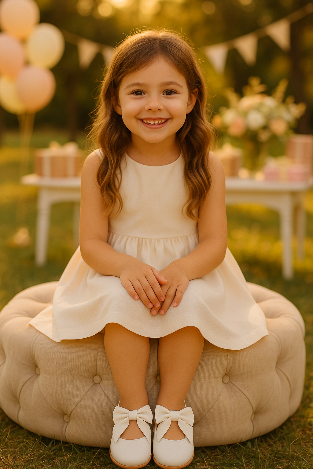 Girls Bow Velcro Flat Mary Jane Shoes - White Model Picture