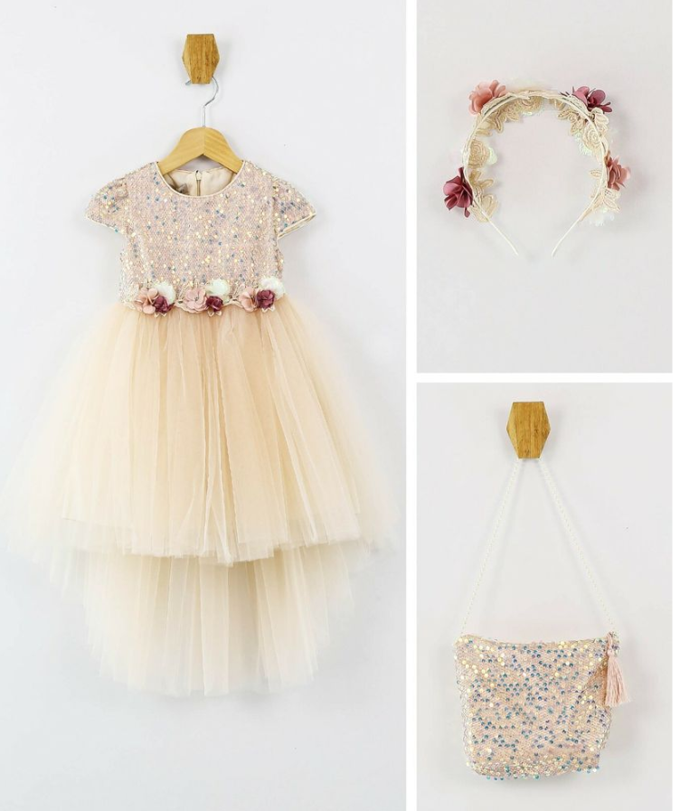 Girls Champagne Sequin High-Low Party Dress with Handbag & Floral Headband – 3 Piece Occasion Set