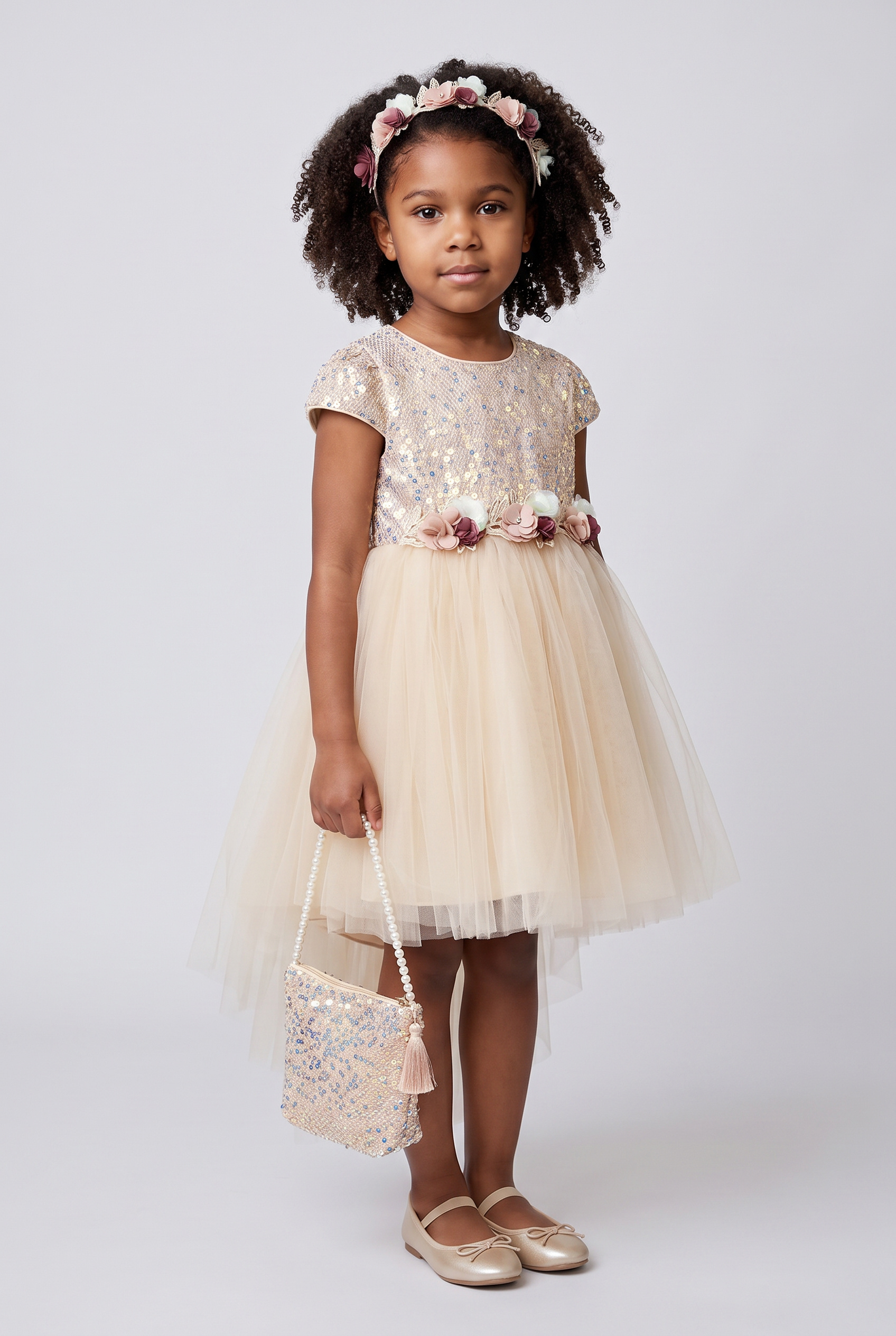 Girls Champagne Sequin High-Low Party Dress with Handbag & Floral Headband – 3 Piece Occasion Set
