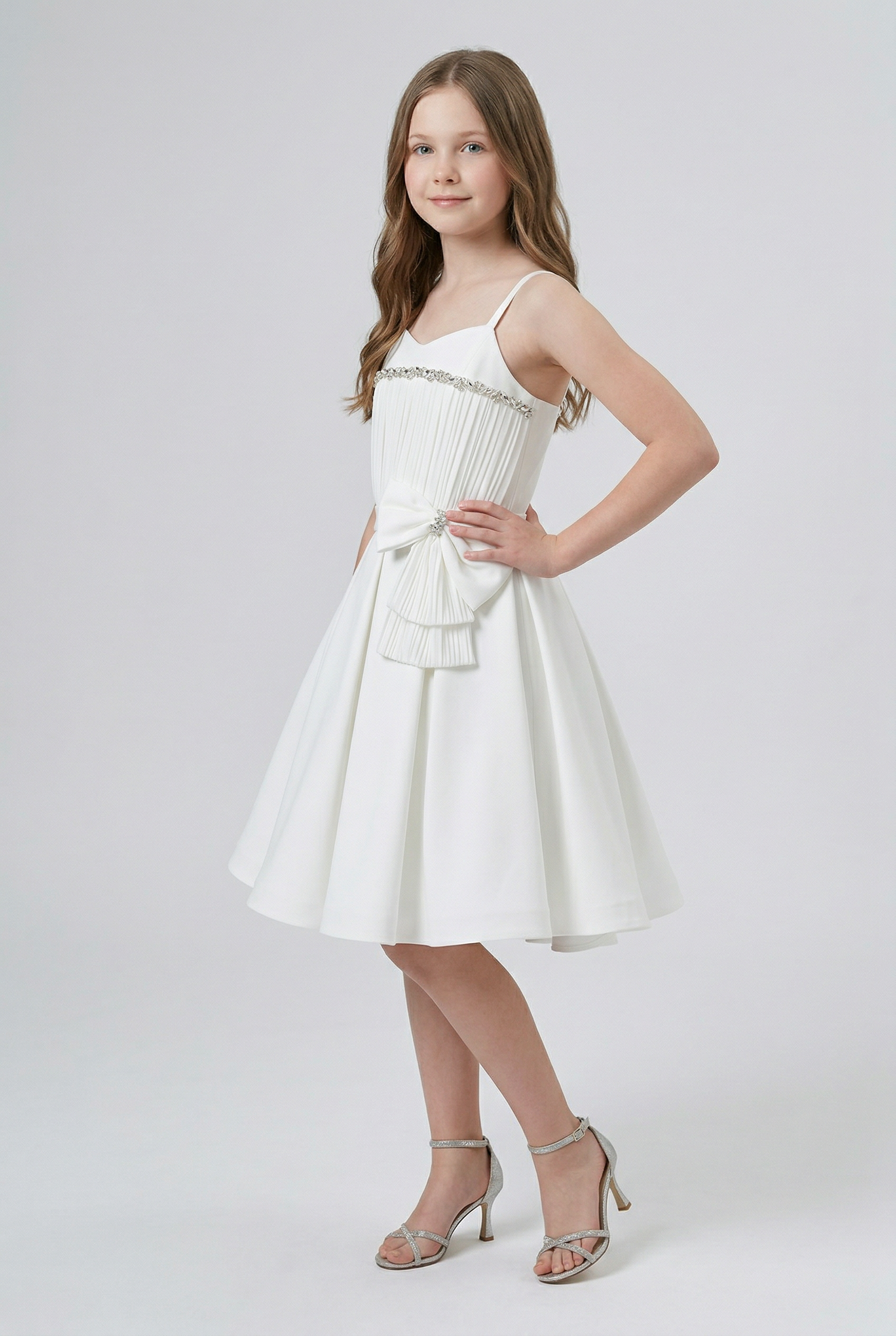 Girls Crystal Trim Party Dress with Bow - White