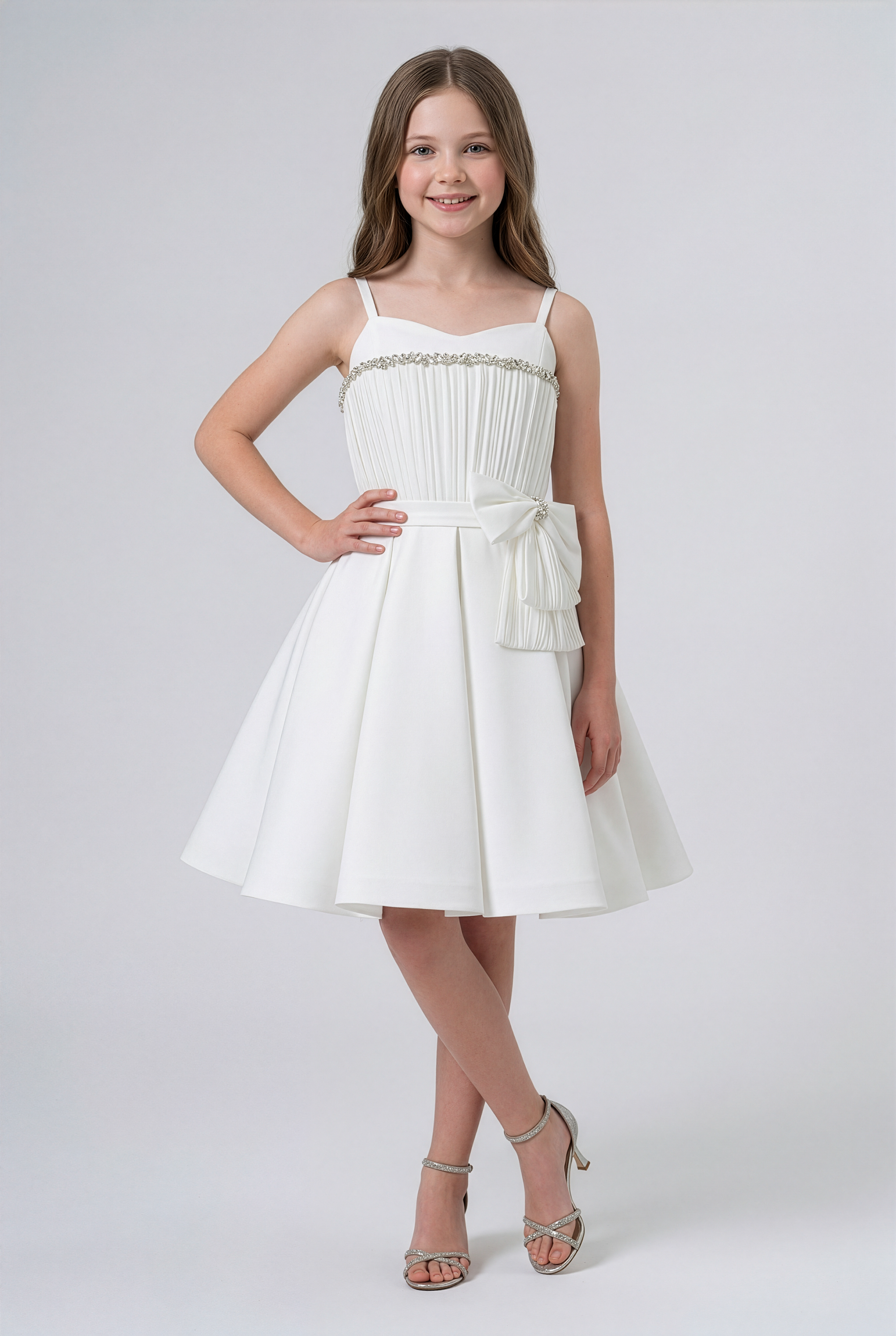 Girls Crystal Trim Party Dress with Bow - White