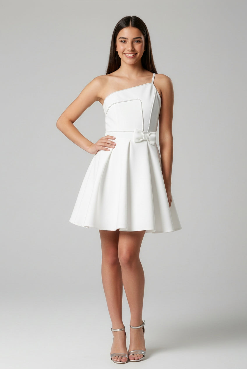 Girls Embellished Prom Dress with Bow & Pleated Skirt - White