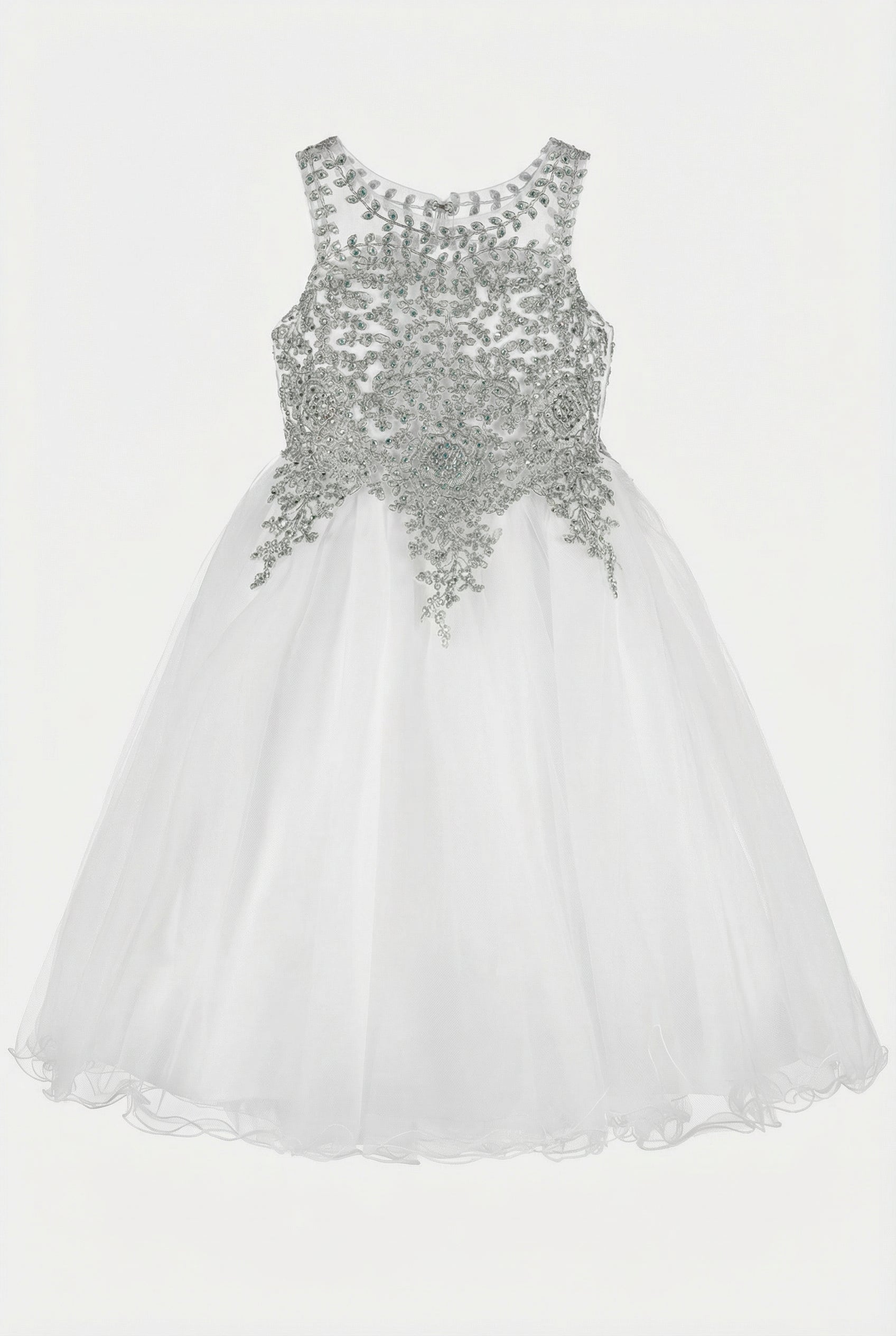 Girls Embroidered Tulle Dress with Illusion Neck - Linzi - White & Silver Mannequin Picture
