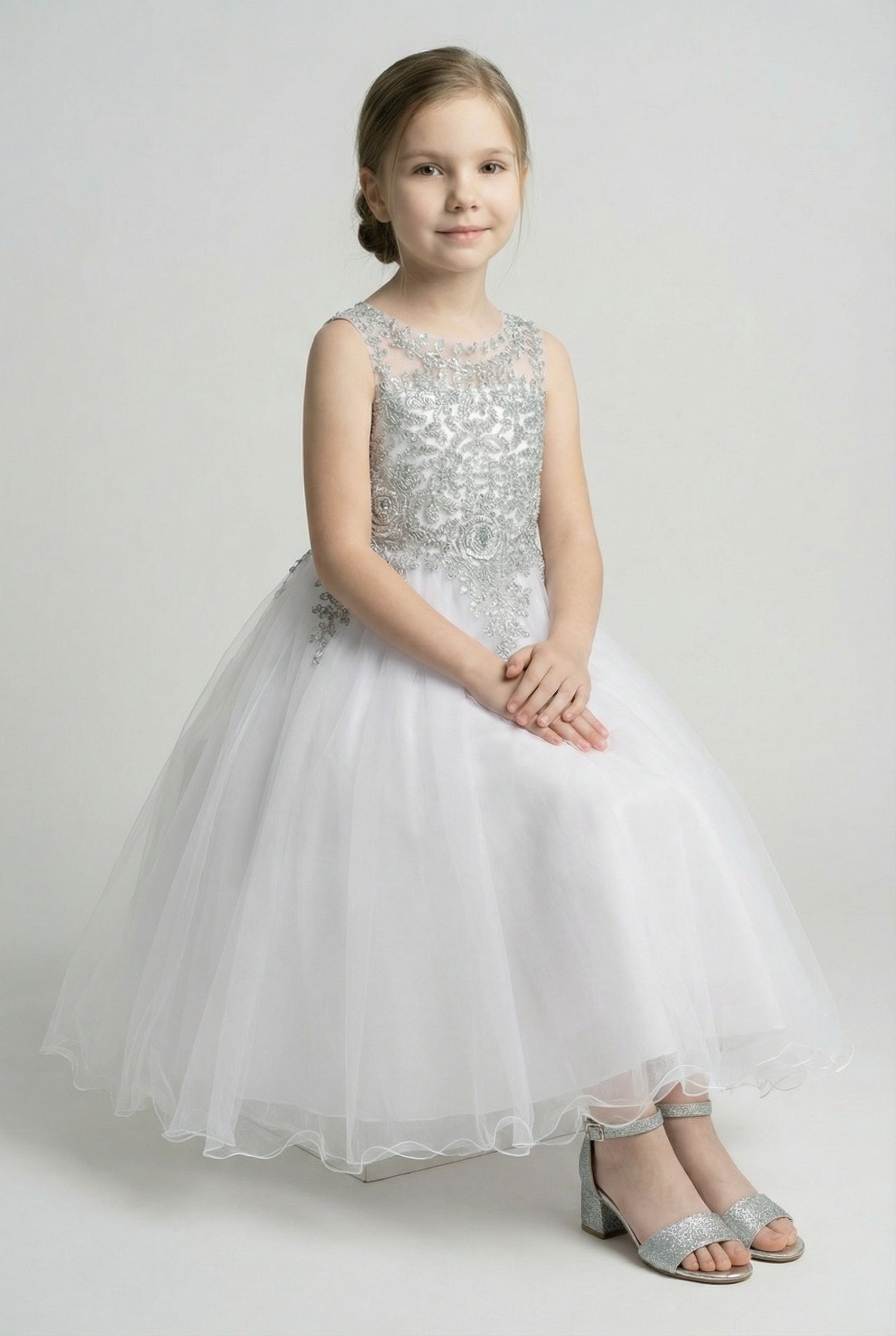 Girls Embroidered Tulle Dress with Illusion Neck - Linzi - White & Silver