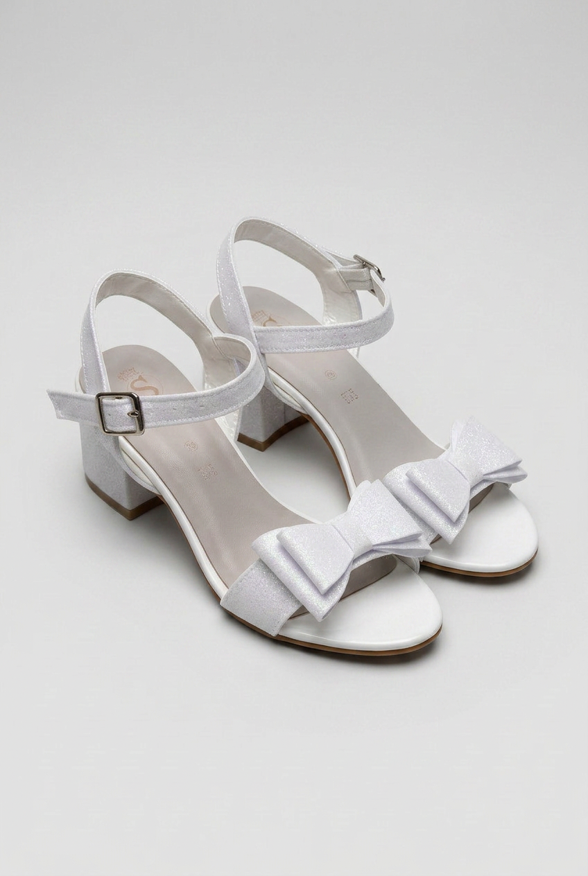Girls Glitter Bow Block Heel Sandals - Pearl White Pair Side Picture