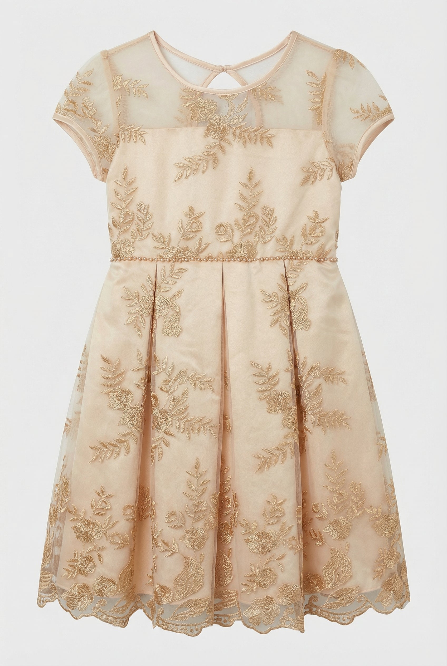 Girls Gold Embroidered Dress with Back Bow - Ava Gold Front Picture