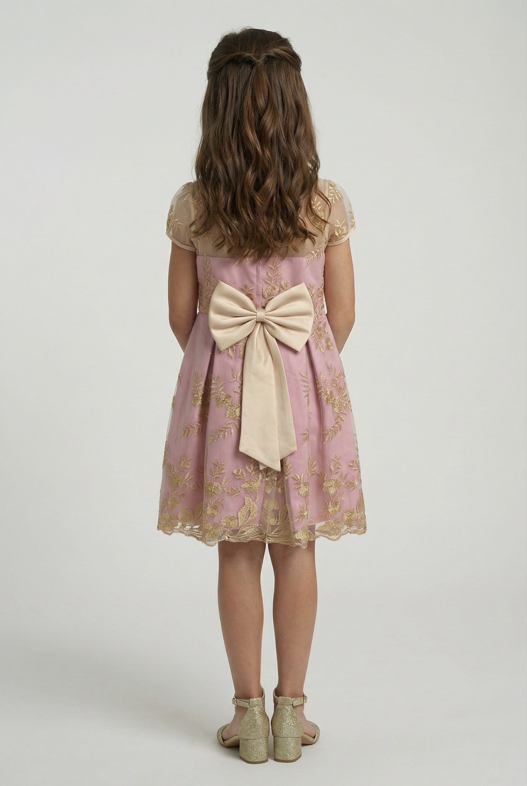 Girls Gold Embroidered Dress with Back Bow - Ava Pink Back Picture