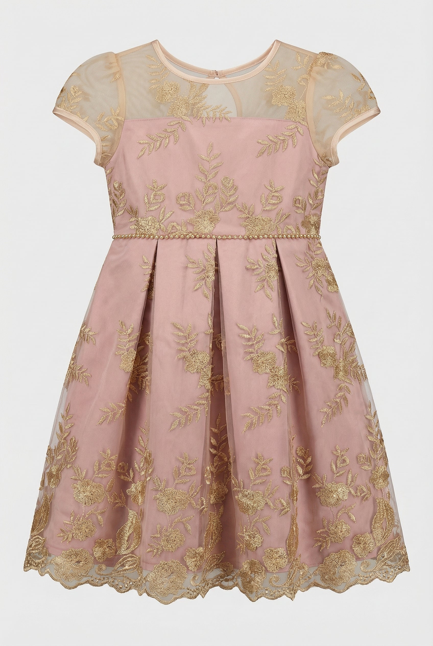 Girls Gold Embroidered Dress with Back Bow - Ava Pink Mannequin Picture