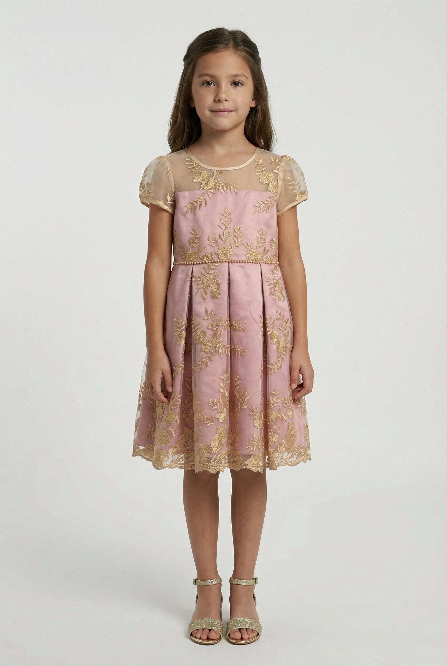 Girls Gold Embroidered Dress with Back Bow - Ava Pink Model Front Picture