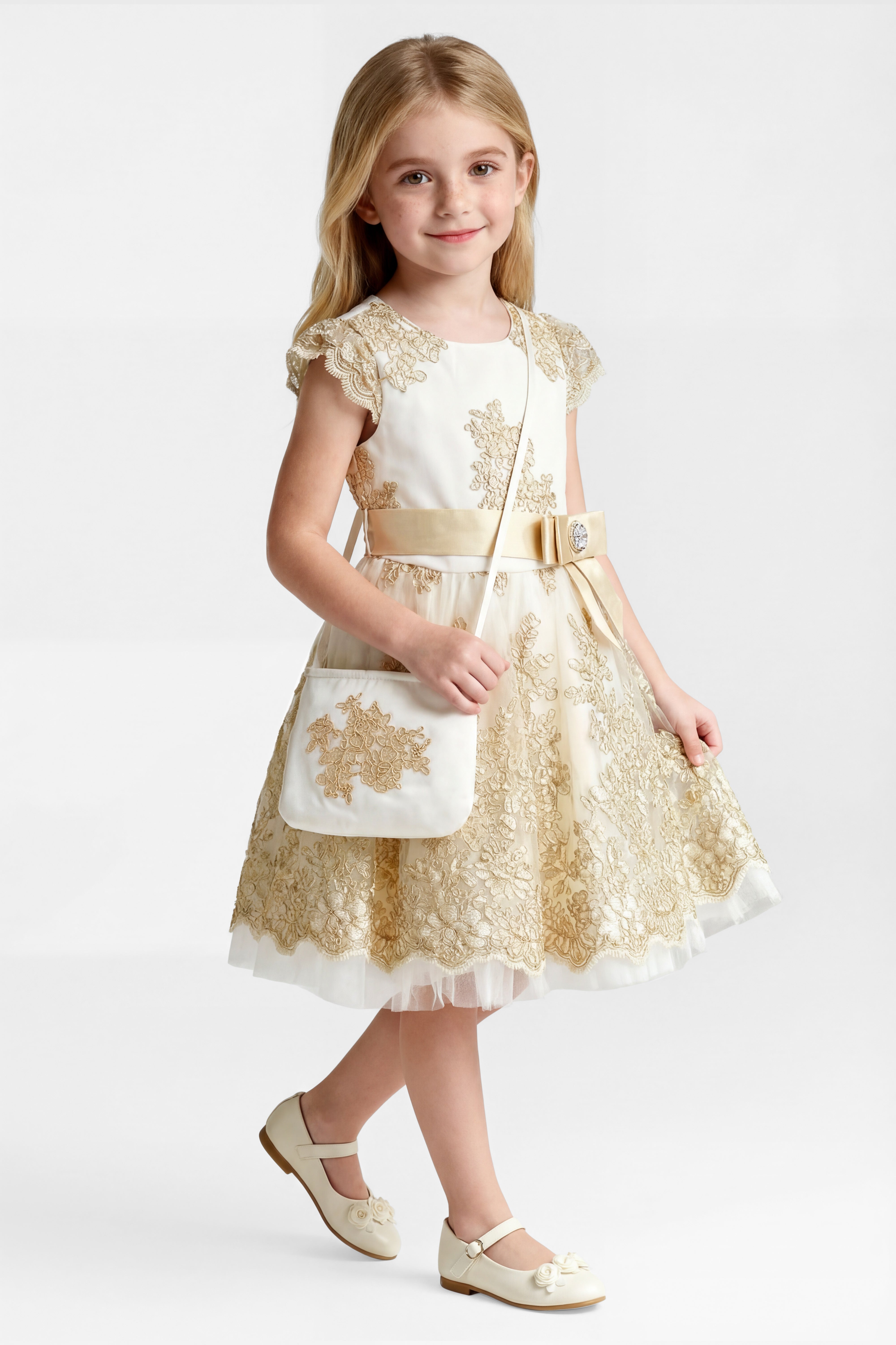 Girls Gold Lace Dress & Bag Set - Ivory