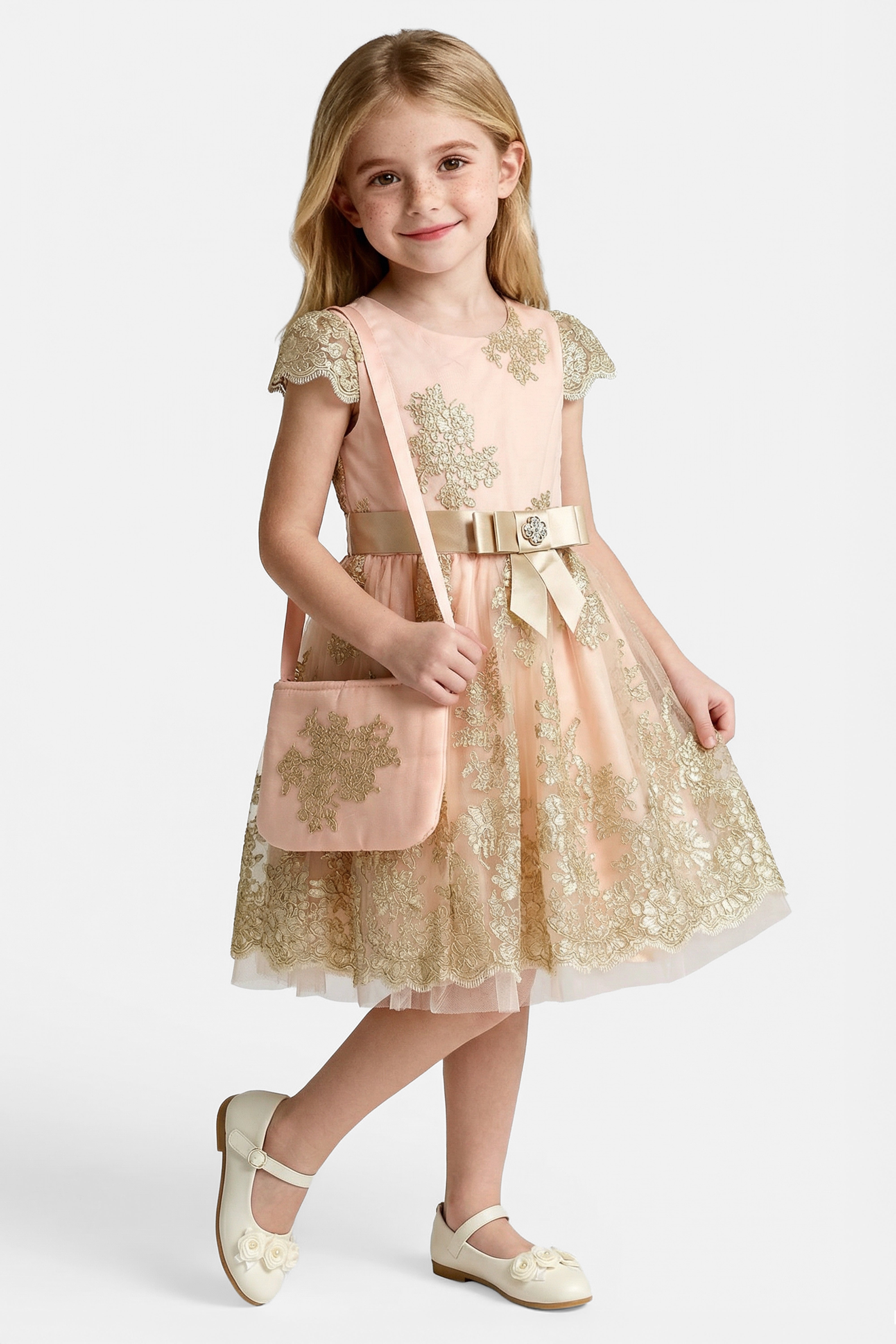 Girls Gold Lace Dress & Bag Set - Peach