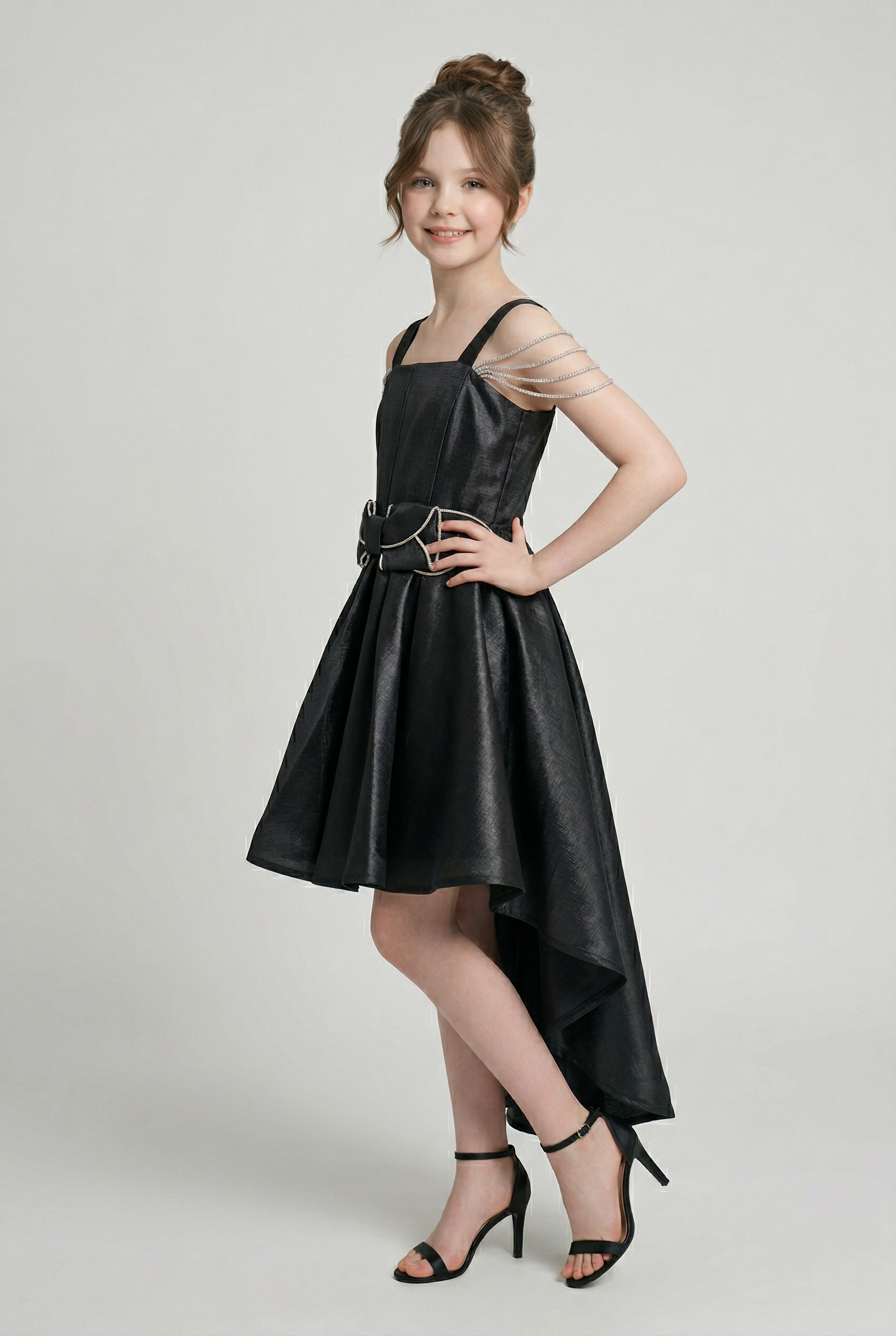Girls High-Low Chiffon Dress with Bow Sash - Black