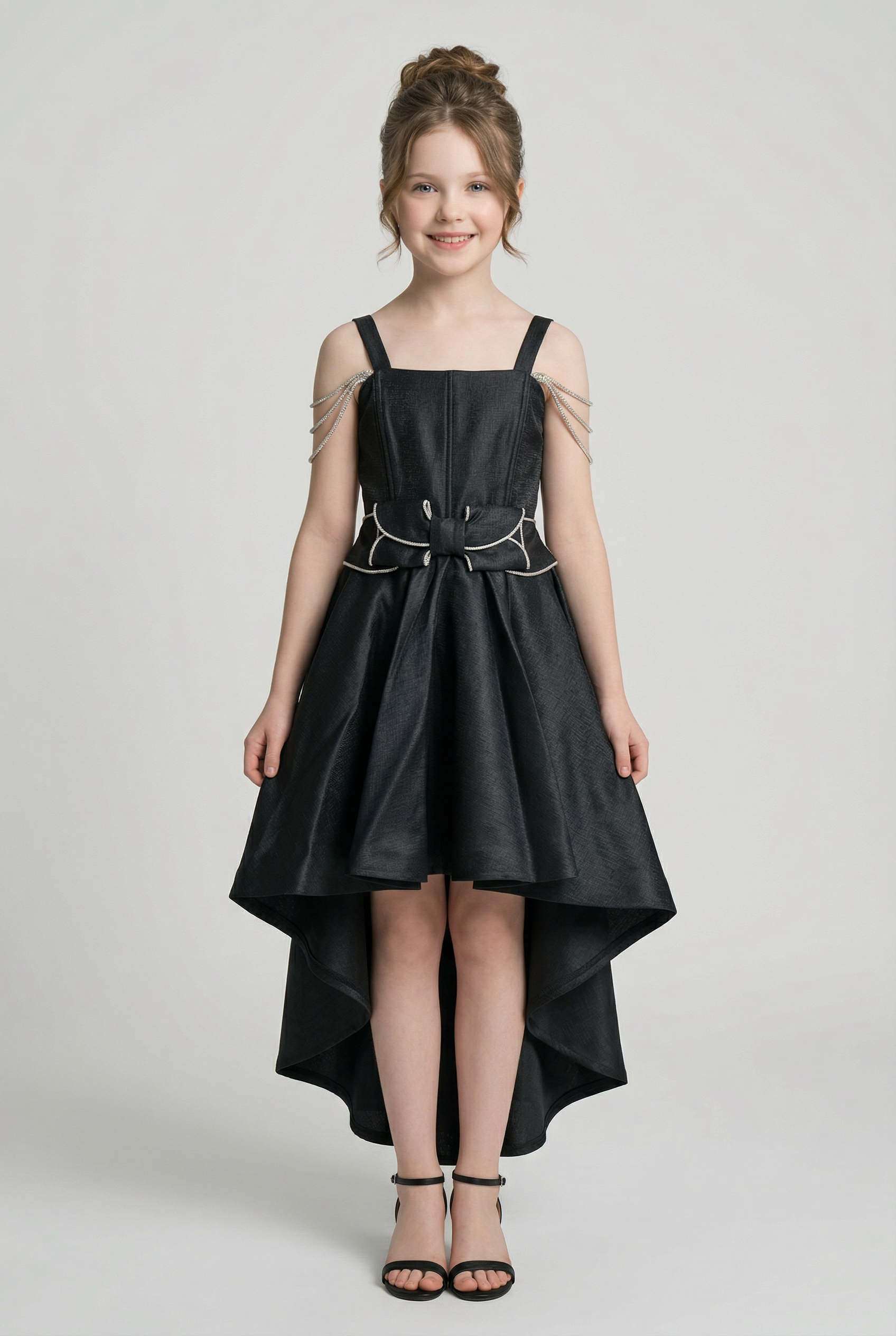 Girls High-Low Chiffon Dress with Bow Sash - Black