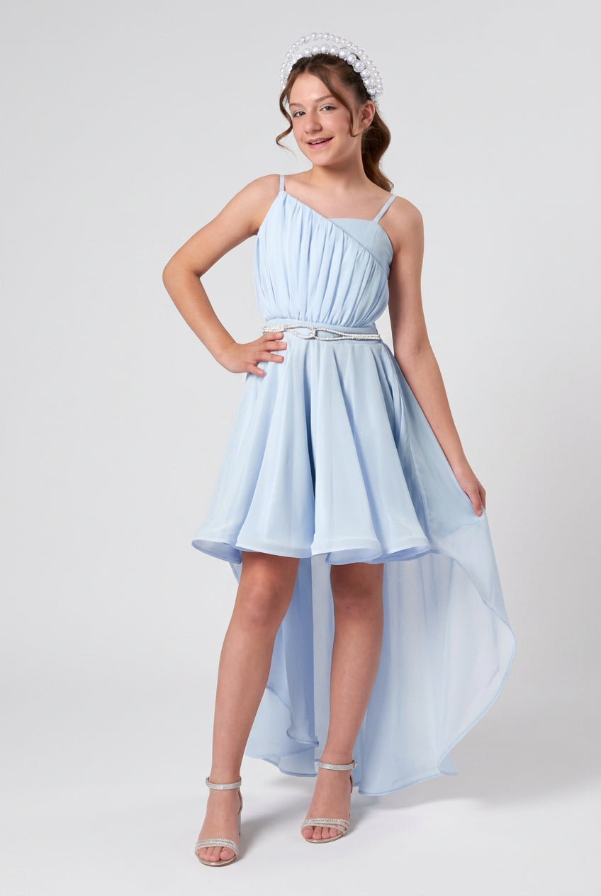 Girls High-Low Chiffon Dress with Crystal Belt - Blue Model Picture