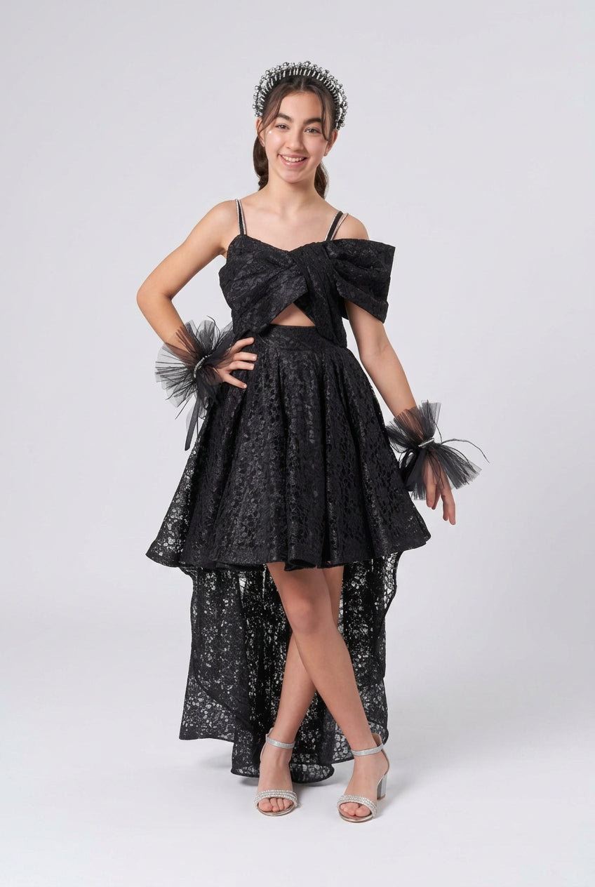 Girls High-Low Lace Dress with Oversized Bow - Black