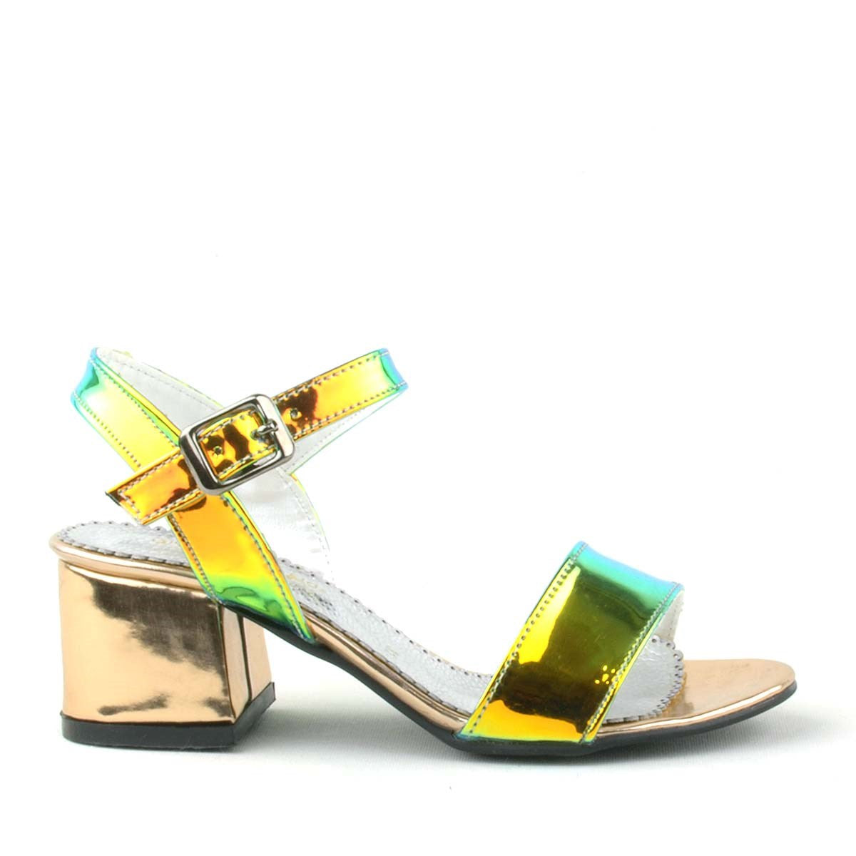 Girls Holographic Metallic Block Heel Sandals with Ankle Strap - Pony - Gold - Green