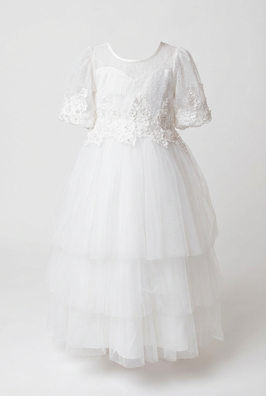 Girls Ivory Communion Dress with Sheer Sleeves & Tulle Skirt Picture